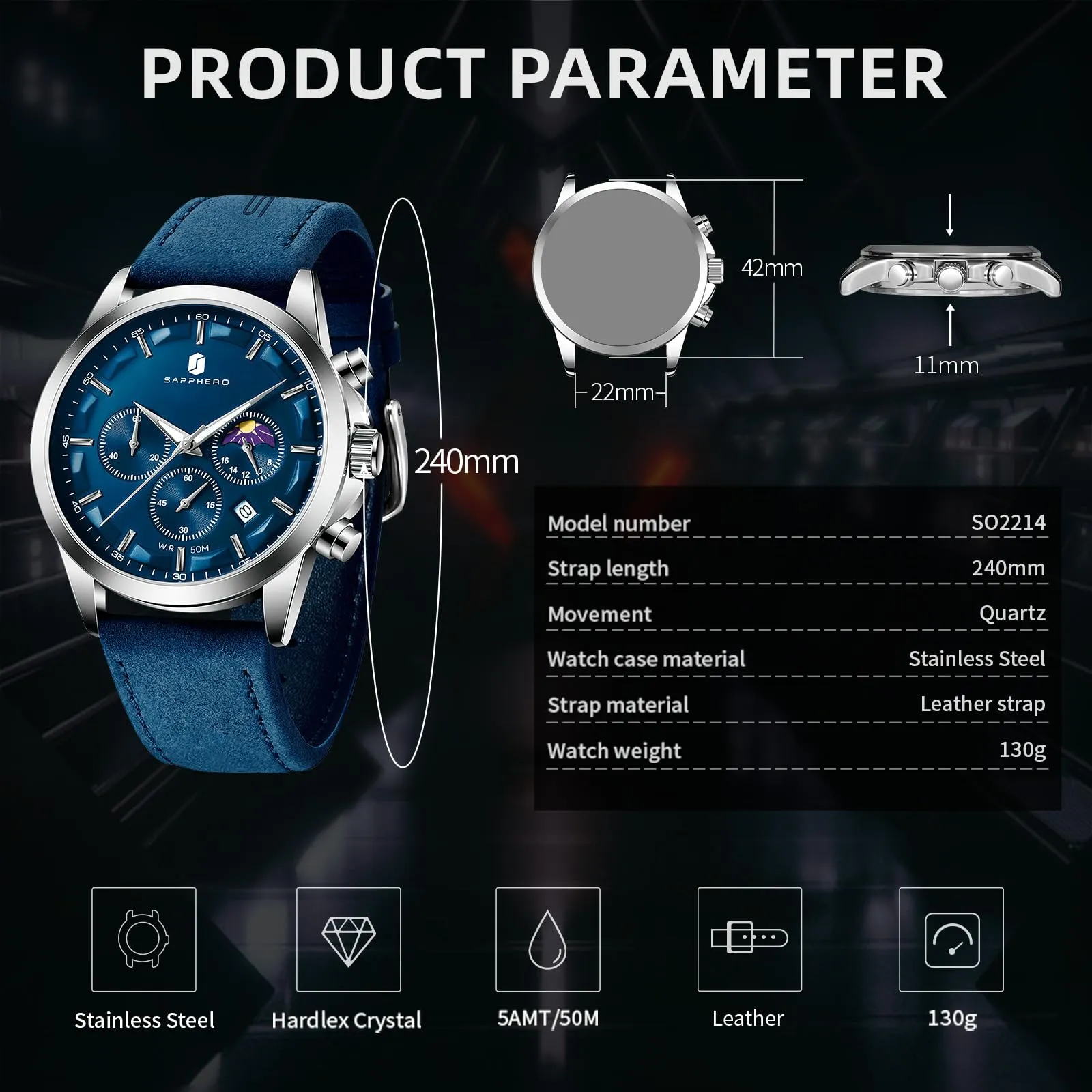 BENYAR BY Orologio da uomo quarzo analogico Cronografi Orologi uomo Regali - immagine 5