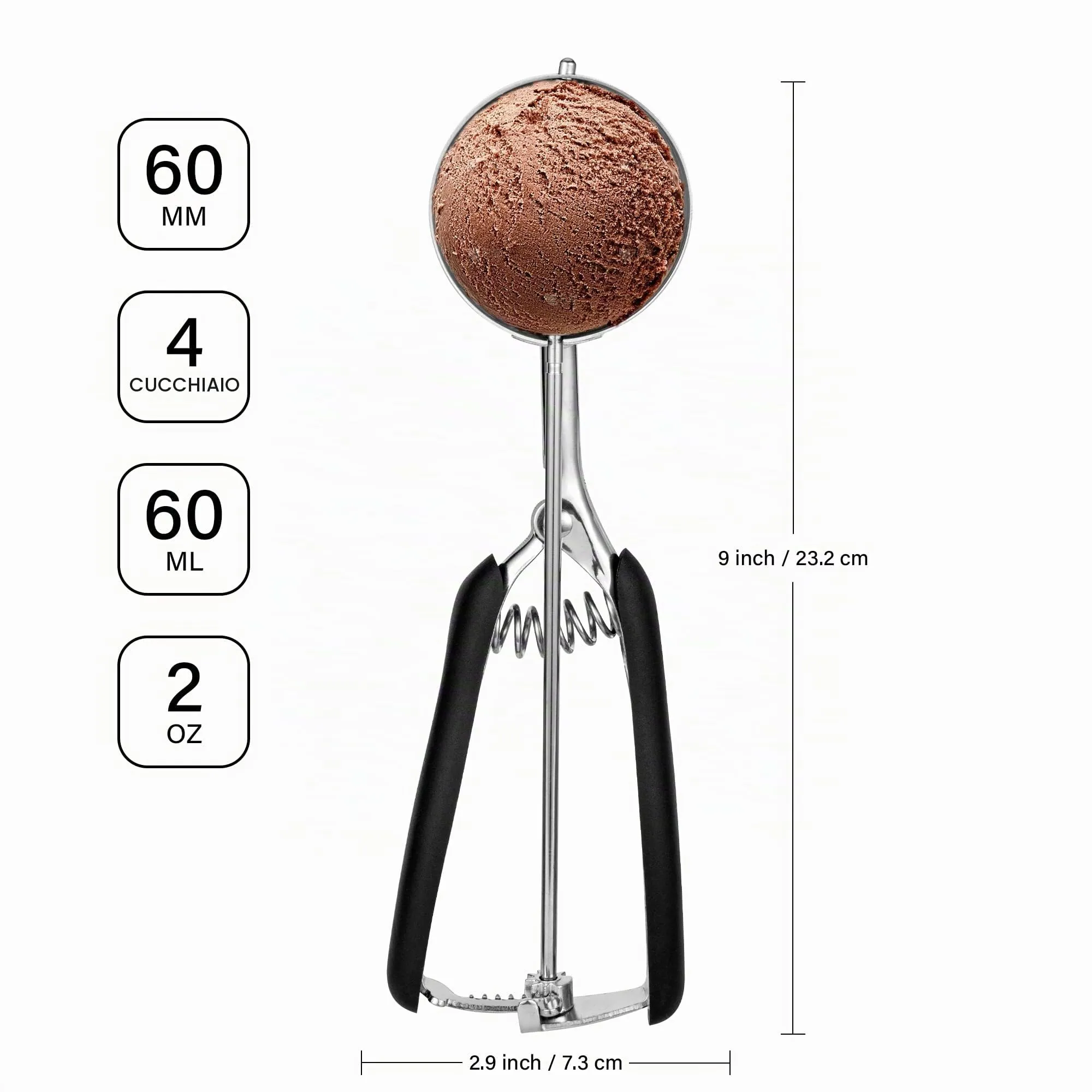 Porzionatore Per Gelato 60mm, Cucchiaio Gelato, TJ POP Paletta Per Gelato In Acciaio Inox Con Grilletto E Manico Confortevole Per Palla Gelato, Cottura, Palla Melone - immagine 2