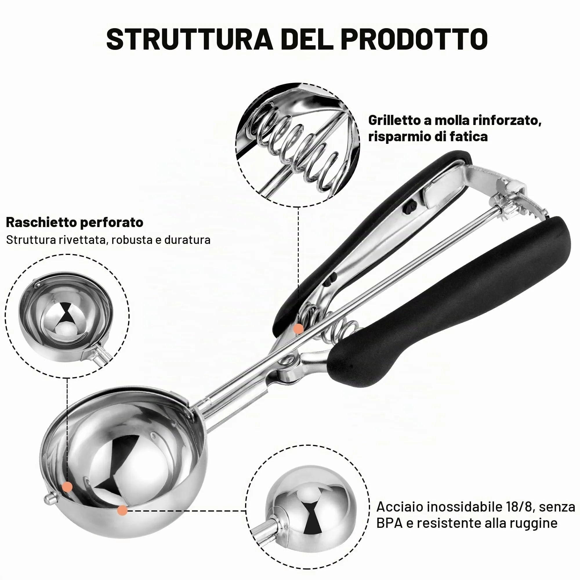 Porzionatore Per Gelato 60mm, Cucchiaio Gelato, TJ POP Paletta Per Gelato In Acciaio Inox Con Grilletto E Manico Confortevole Per Palla Gelato, Cottura, Palla Melone - immagine 3
