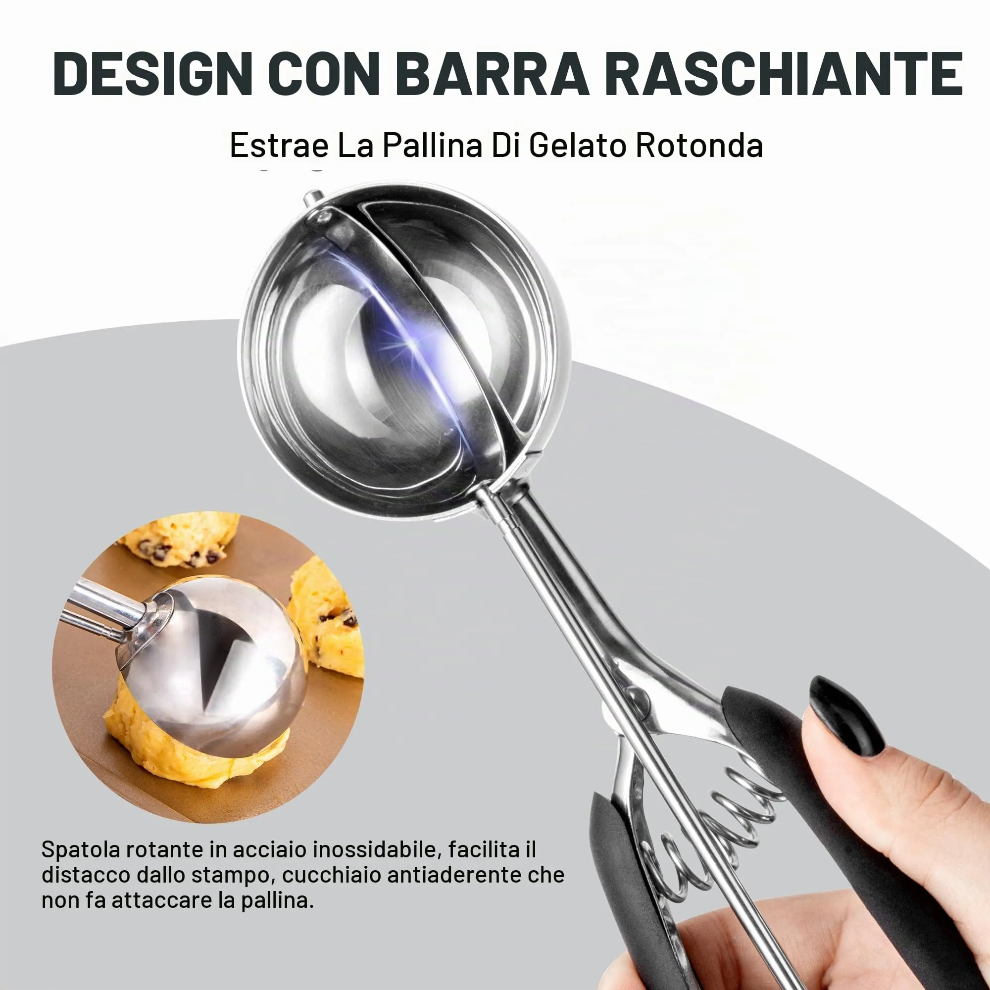 Porzionatore Per Gelato 60mm, Cucchiaio Gelato, TJ POP Paletta Per Gelato In Acciaio Inox Con Grilletto E Manico Confortevole Per Palla Gelato, Cottura, Palla Melone - immagine 5