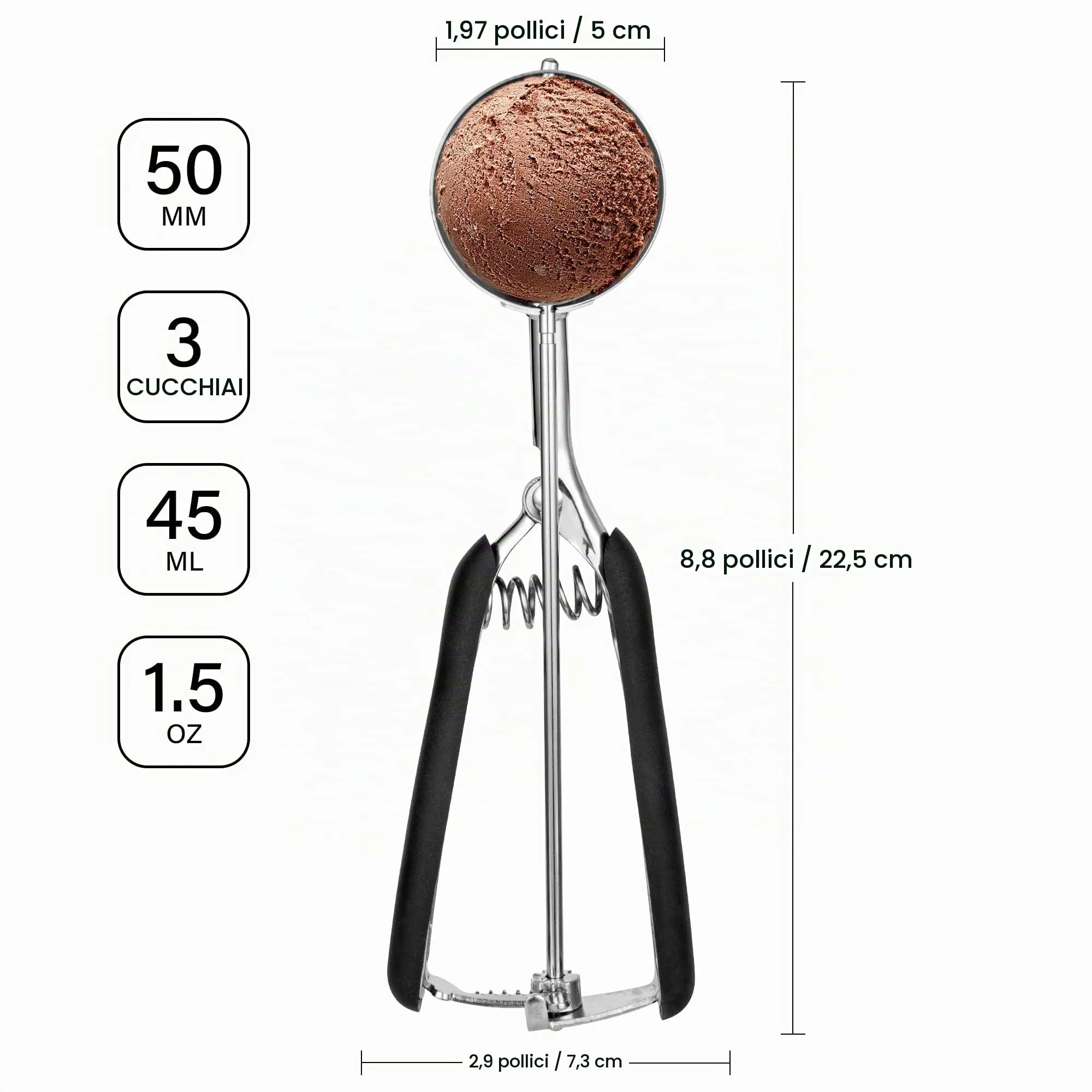 Porzionatore Per Gelato 50mm, Cucchiaio Gelato, TJ POP Paletta Per Gelato In Acciaio Inox Con Grilletto E Manico Confortevole Per Palla Gelato, Cottura, Palla Melone - immagine 2