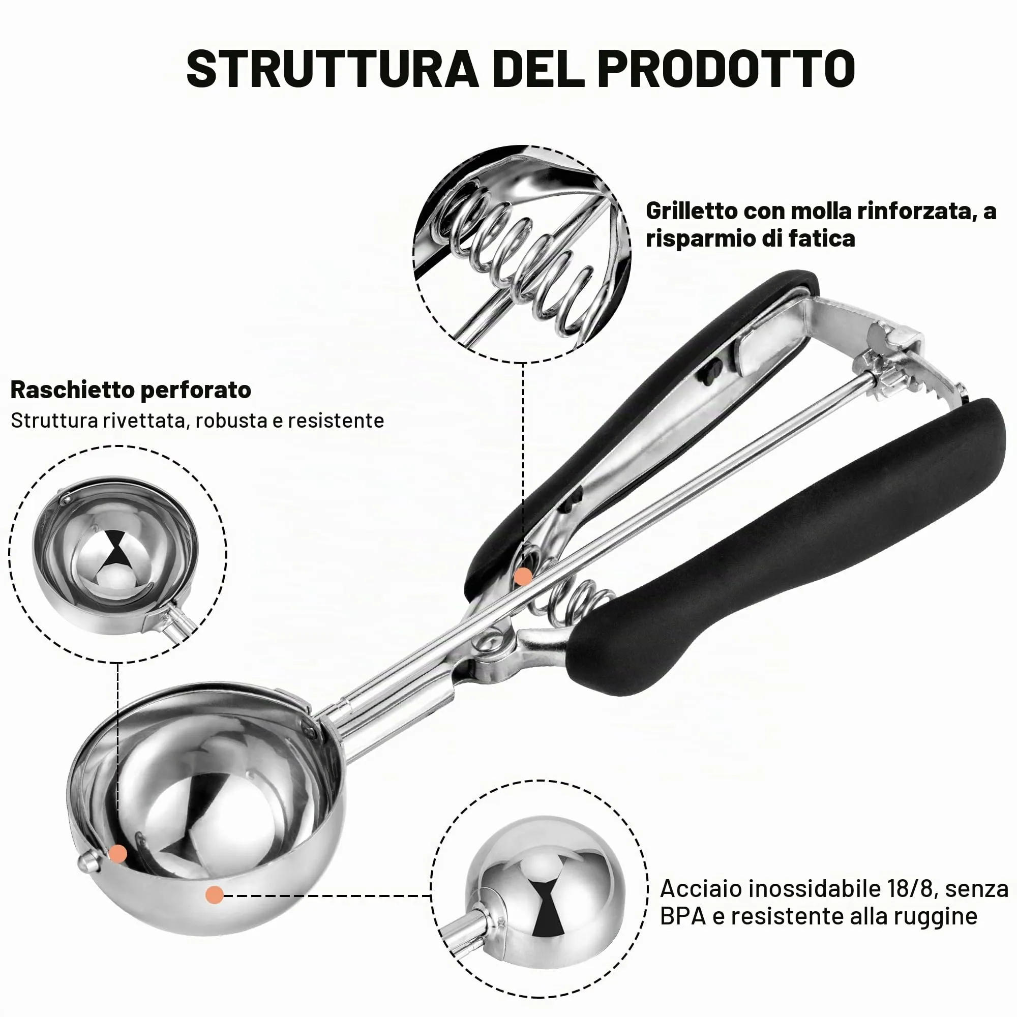 Porzionatore Per Gelato 50mm, Cucchiaio Gelato, TJ POP Paletta Per Gelato In Acciaio Inox Con Grilletto E Manico Confortevole Per Palla Gelato, Cottura, Palla Melone - immagine 3
