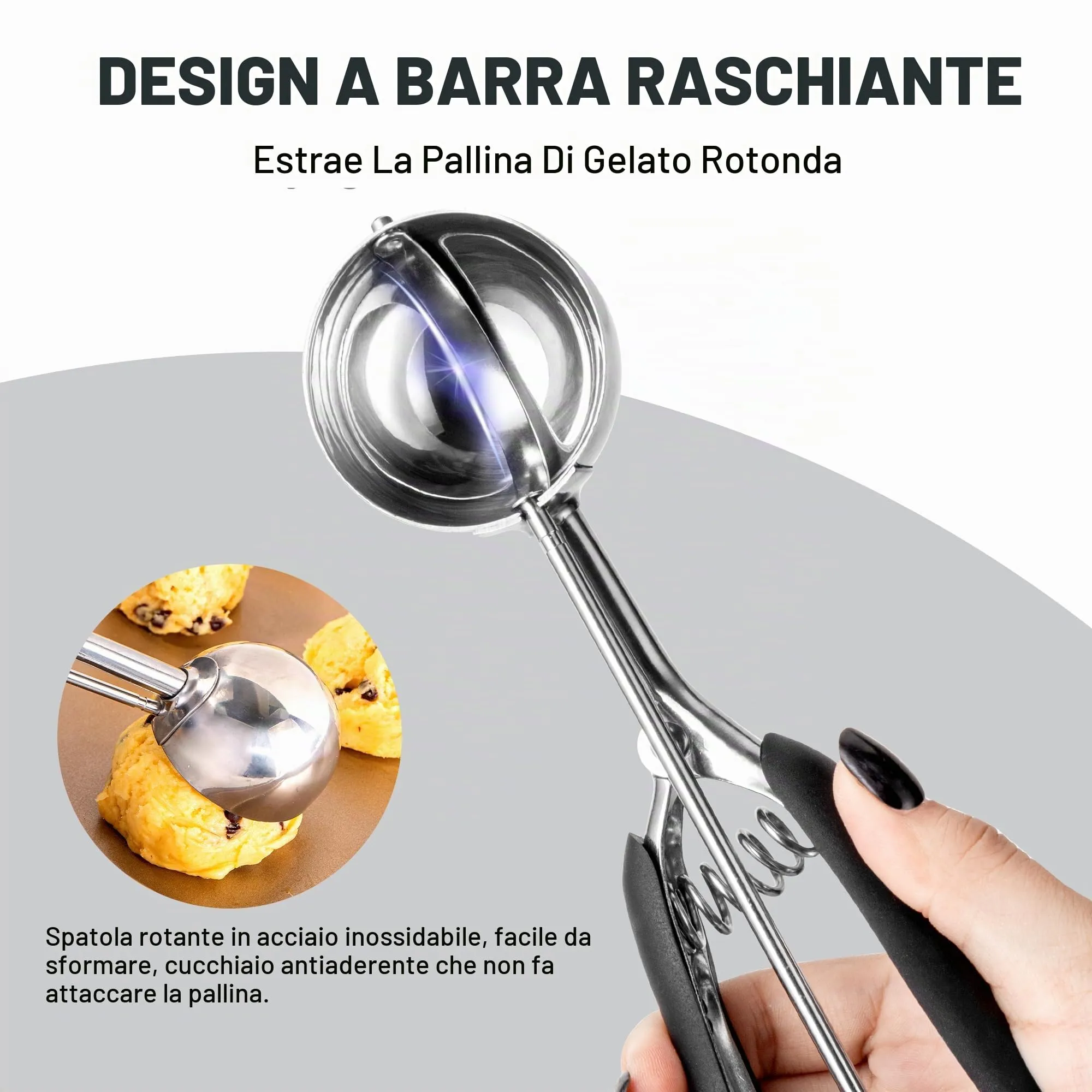 Porzionatore Per Gelato 50mm, Cucchiaio Gelato, TJ POP Paletta Per Gelato In Acciaio Inox Con Grilletto E Manico Confortevole Per Palla Gelato, Cottura, Palla Melone - immagine 5
