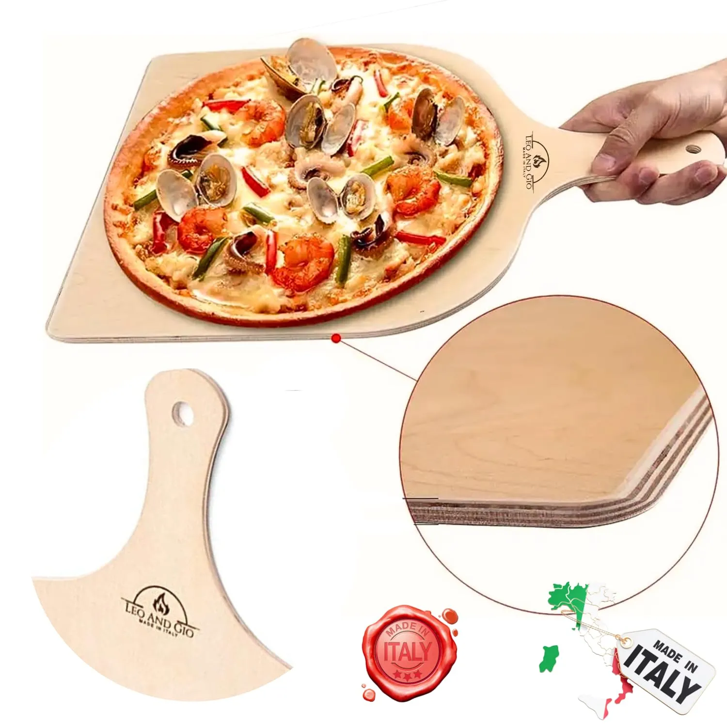 Leo and Gio Pala Per Pizza Corta In Legno 30 Cm Tagliere Paletta Per Pizza Pane Da Cucina Accessori Pala Compatibile Con Frono G3 Ferarri Ariete Smeg - immagine 3