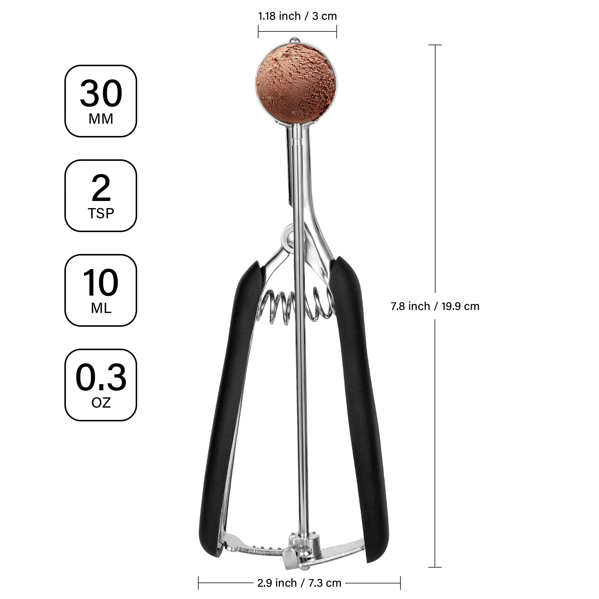 Porzionatore Per Gelato 30mm, Cucchiaio Gelato, TJ POP Molto piccolo Paletta Per Gelato In Acciaio Inox Con Grilletto E Manico Confortevole Per Palla Gelato, Cottura, Palla Melone - immagine 2