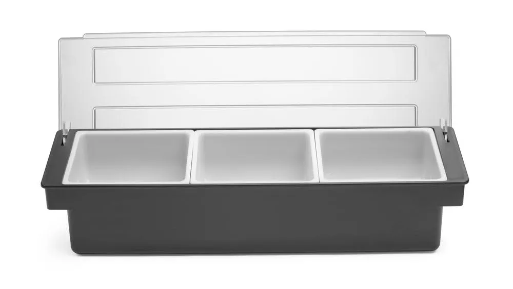 HENDI Porta Condimenti BarUp, Vaschetta Porta Guarnizioni per Cocktail con Coperchio Trasparente, 3 Contenitori in Polipropilene, 480x150x(H) 100mm, HIPS, Nero - immagine 1