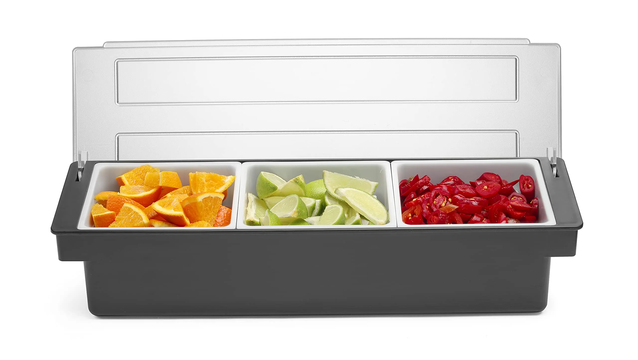 HENDI Porta Condimenti BarUp, Vaschetta Porta Guarnizioni per Cocktail con Coperchio Trasparente, 3 Contenitori in Polipropilene, 480x150x(H) 100mm, HIPS, Nero - immagine 6