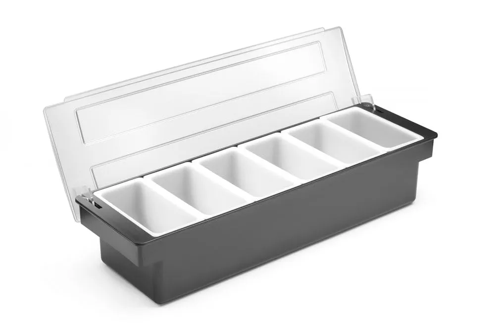 HENDI Porta Condimenti BarUp, Vaschetta Porta Guarnizioni per Cocktail con Coperchio Trasparente, 6 Contenitori in Polipropilene, 480x150x(H) 100mm, HIPS, Nero - immagine 3