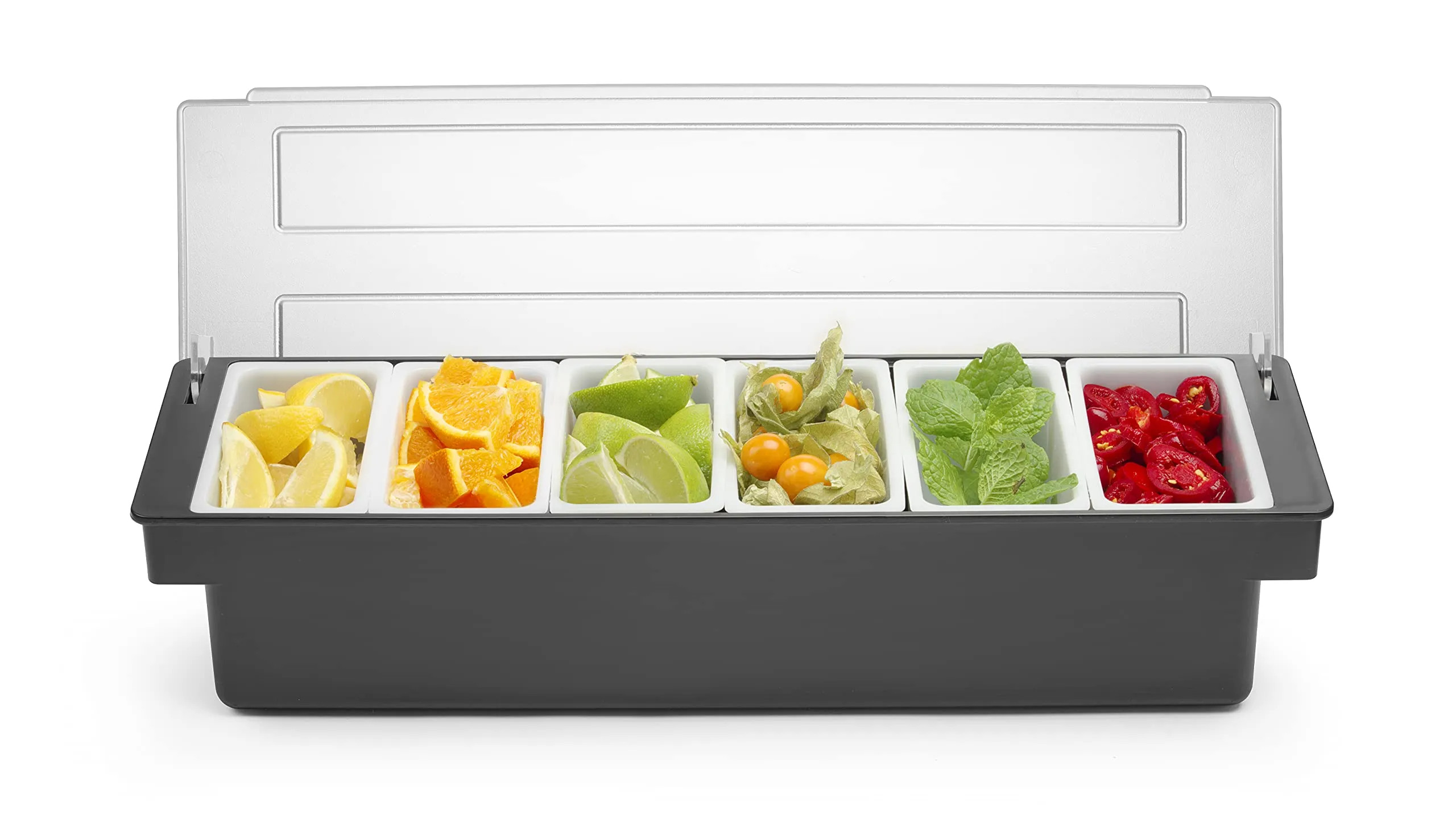 HENDI Porta Condimenti BarUp, Vaschetta Porta Guarnizioni per Cocktail con Coperchio Trasparente, 6 Contenitori in Polipropilene, 480x150x(H) 100mm, HIPS, Nero - immagine 6