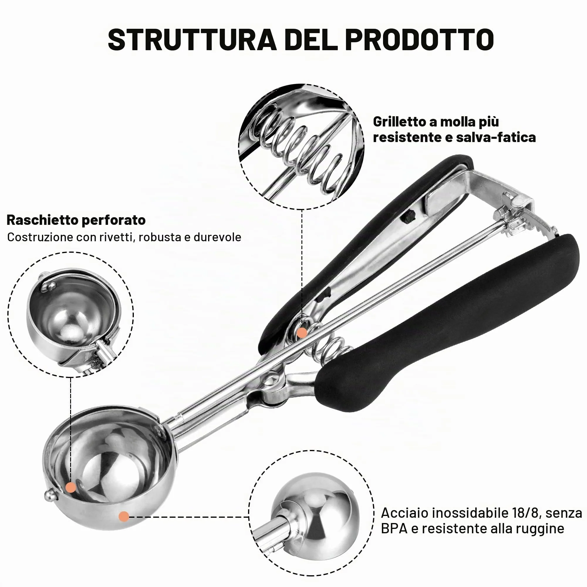 Porzionatore Per Gelato 44mm, Cucchiaio Gelato, TJ POP Paletta Per Gelato In Acciaio Inox Con Grilletto E Manico Confortevole Per Palla Gelato, Cottura, Palla Melone - immagine 3