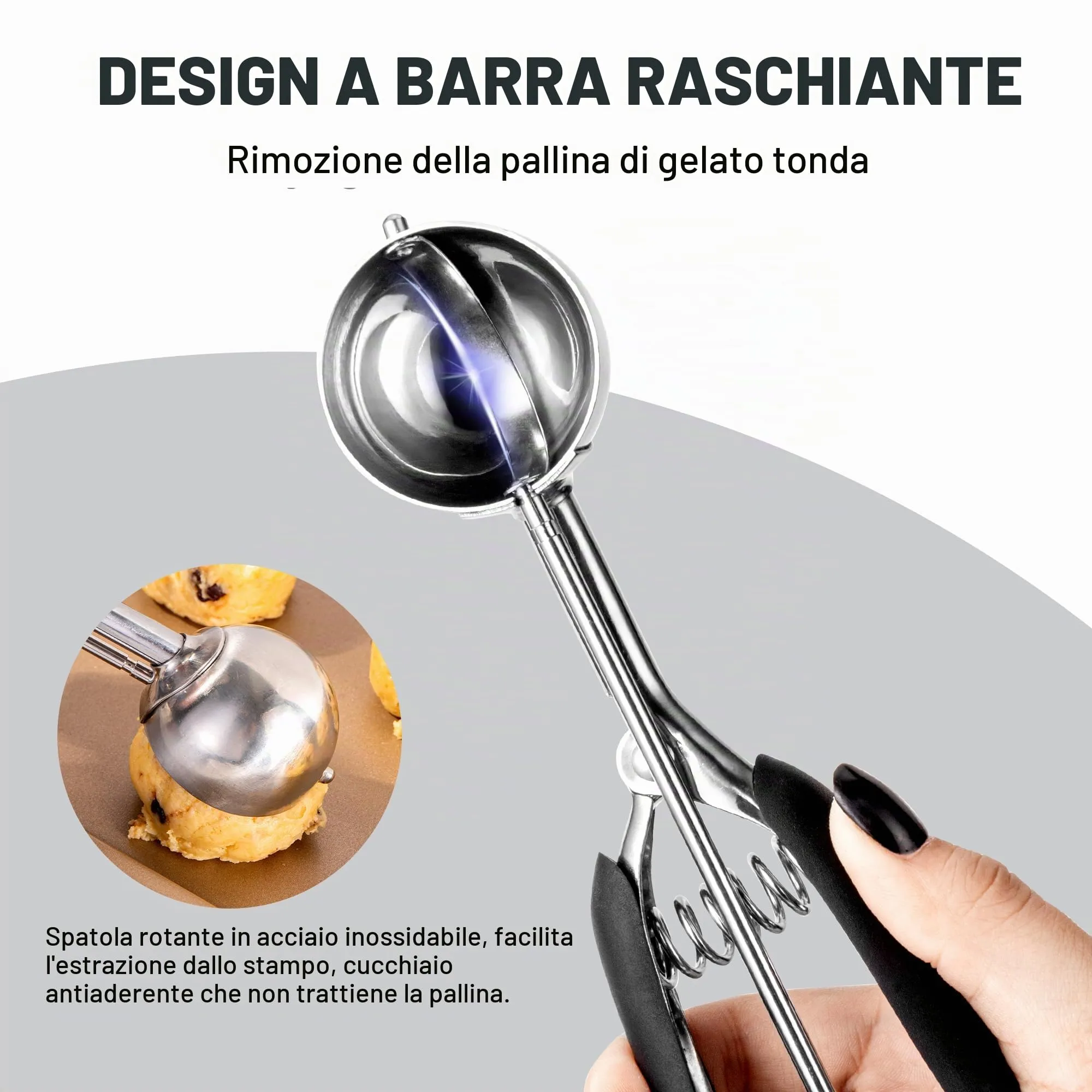 Porzionatore Per Gelato 44mm, Cucchiaio Gelato, TJ POP Paletta Per Gelato In Acciaio Inox Con Grilletto E Manico Confortevole Per Palla Gelato, Cottura, Palla Melone - immagine 5