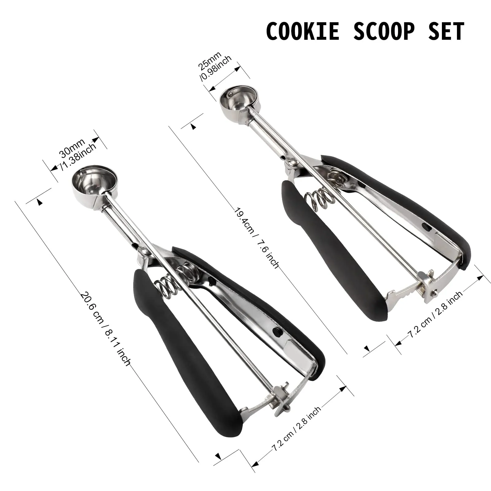 TJ POP Set di 2 dosatori per biscotti piccoli - include 1 cucchiaino / 2 cucchiaini per impasto, dosatori per biscotti da forno, dosatori per gelato in acciaio inox 18/8, buone impugnature morbide - immagine 2