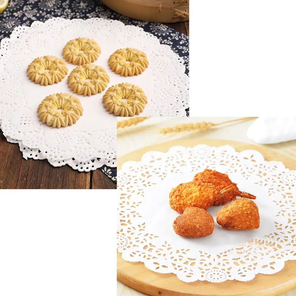 Sottotorta Rotondo in Carta,150 pezzi centrini di carta in pizzo bianco per assorbire l'olio carte decorative da tavola tovagliette strumenti da forno accessori - immagine 5