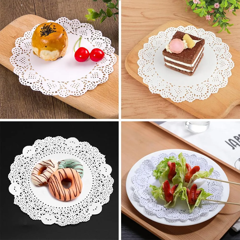 Sottotorta Rotondo in Carta,150 pezzi centrini di carta in pizzo bianco per assorbire l'olio carte decorative da tavola tovagliette strumenti da forno accessori - immagine 7