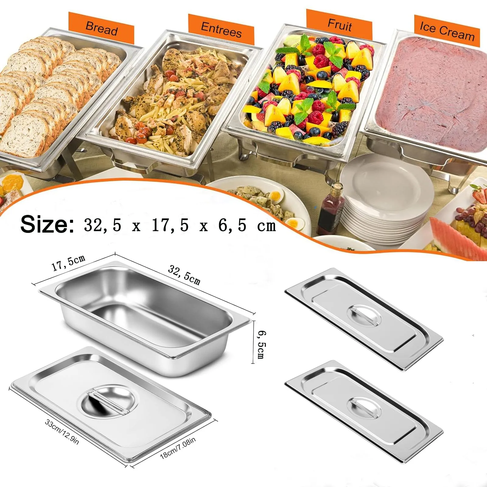 ORFCP 2 contenitori in acciaio inox con coperchio, 65 mm di altezza, contenitore per alimenti in acciaio inox, gastronorm 1/3 resistente al calore, 32,5 x 17,5 x 6,5 cm - immagine 3