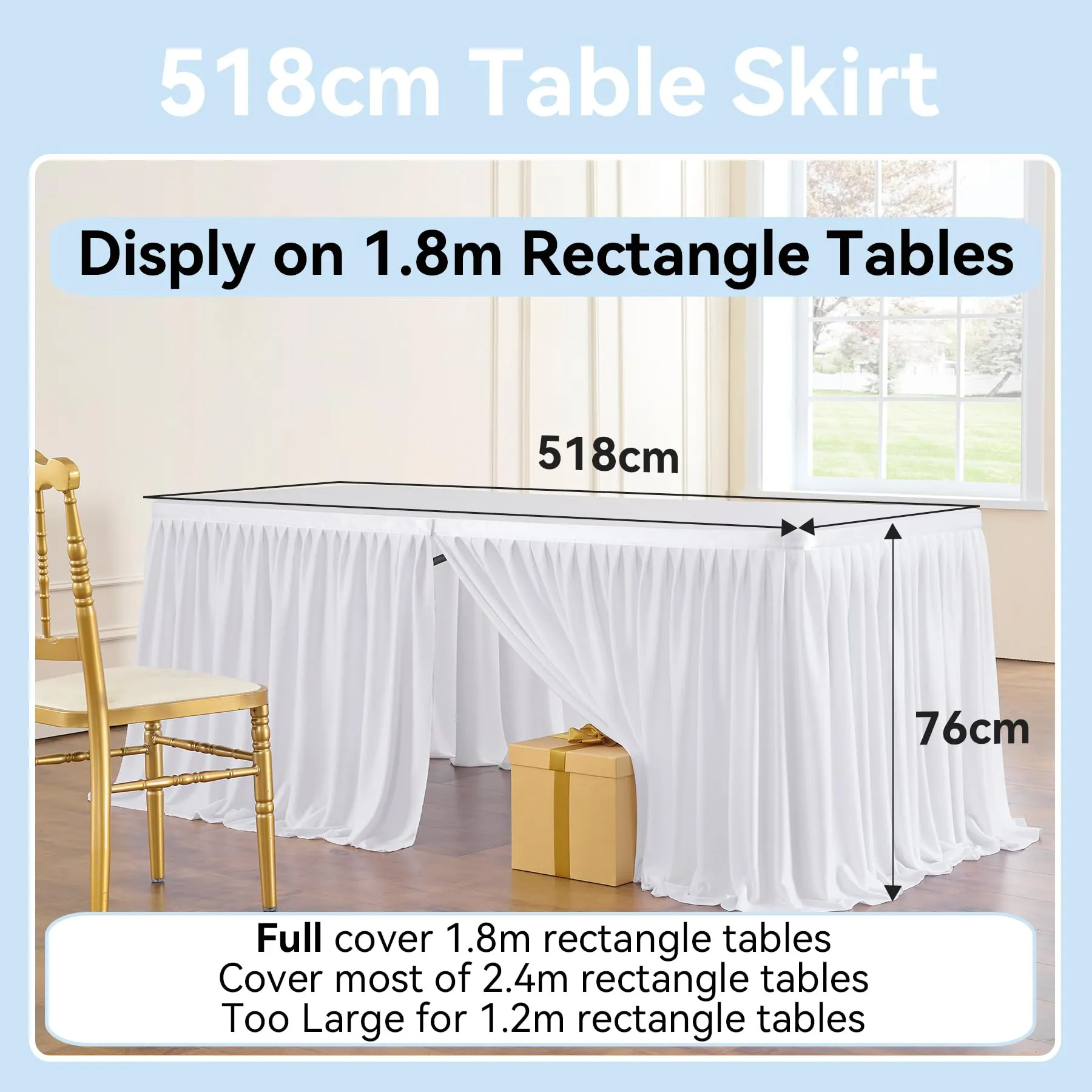 518 cm White Polyester Table Skirts for Rettangle Tables, Wrinkle Free Ruffle Pleats Cloth Tutu Table Skirt 17ft for Banquet Wedding Birthday Baby Shower Trade Meeting Cake Dessert Tables(No Top Cover - immagine 2