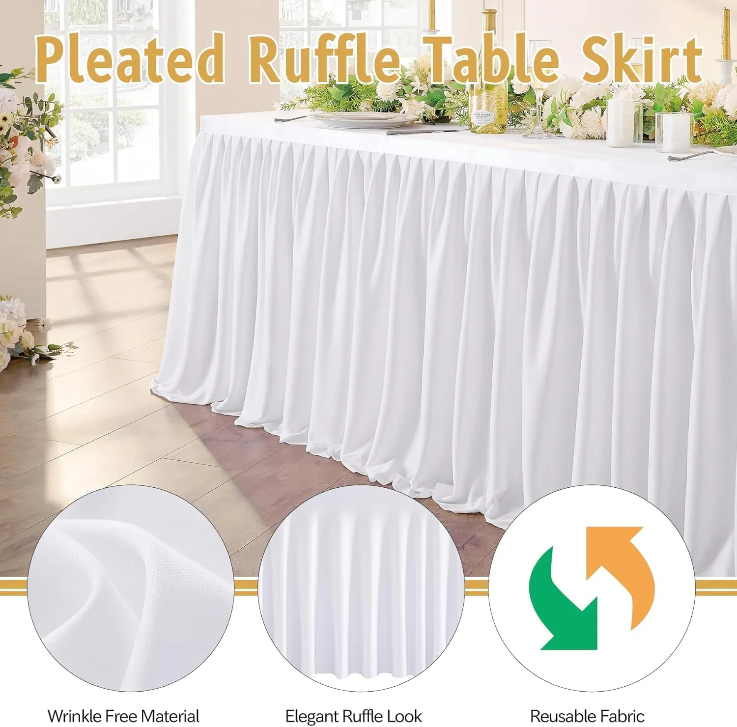 518 cm White Polyester Table Skirts for Rettangle Tables, Wrinkle Free Ruffle Pleats Cloth Tutu Table Skirt 17ft for Banquet Wedding Birthday Baby Shower Trade Meeting Cake Dessert Tables(No Top Cover - immagine 4
