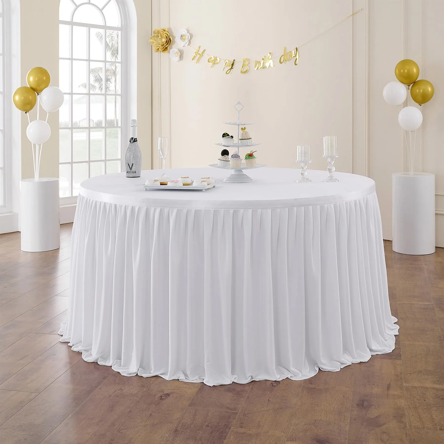 518 cm White Polyester Table Skirts for Rettangle Tables, Wrinkle Free Ruffle Pleats Cloth Tutu Table Skirt 17ft for Banquet Wedding Birthday Baby Shower Trade Meeting Cake Dessert Tables(No Top Cover - immagine 5
