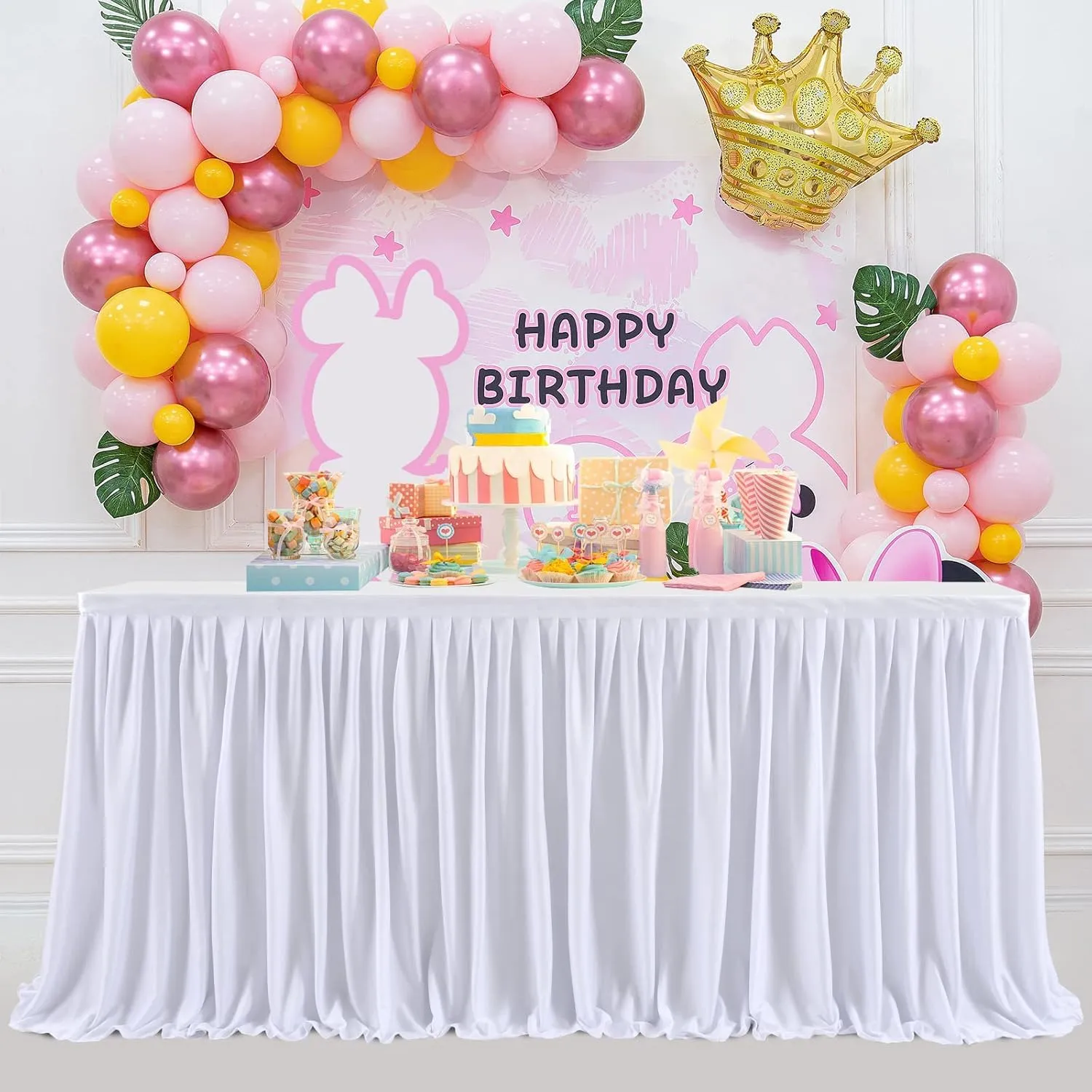 518 cm White Polyester Table Skirts for Rettangle Tables, Wrinkle Free Ruffle Pleats Cloth Tutu Table Skirt 17ft for Banquet Wedding Birthday Baby Shower Trade Meeting Cake Dessert Tables(No Top Cover - immagine 7