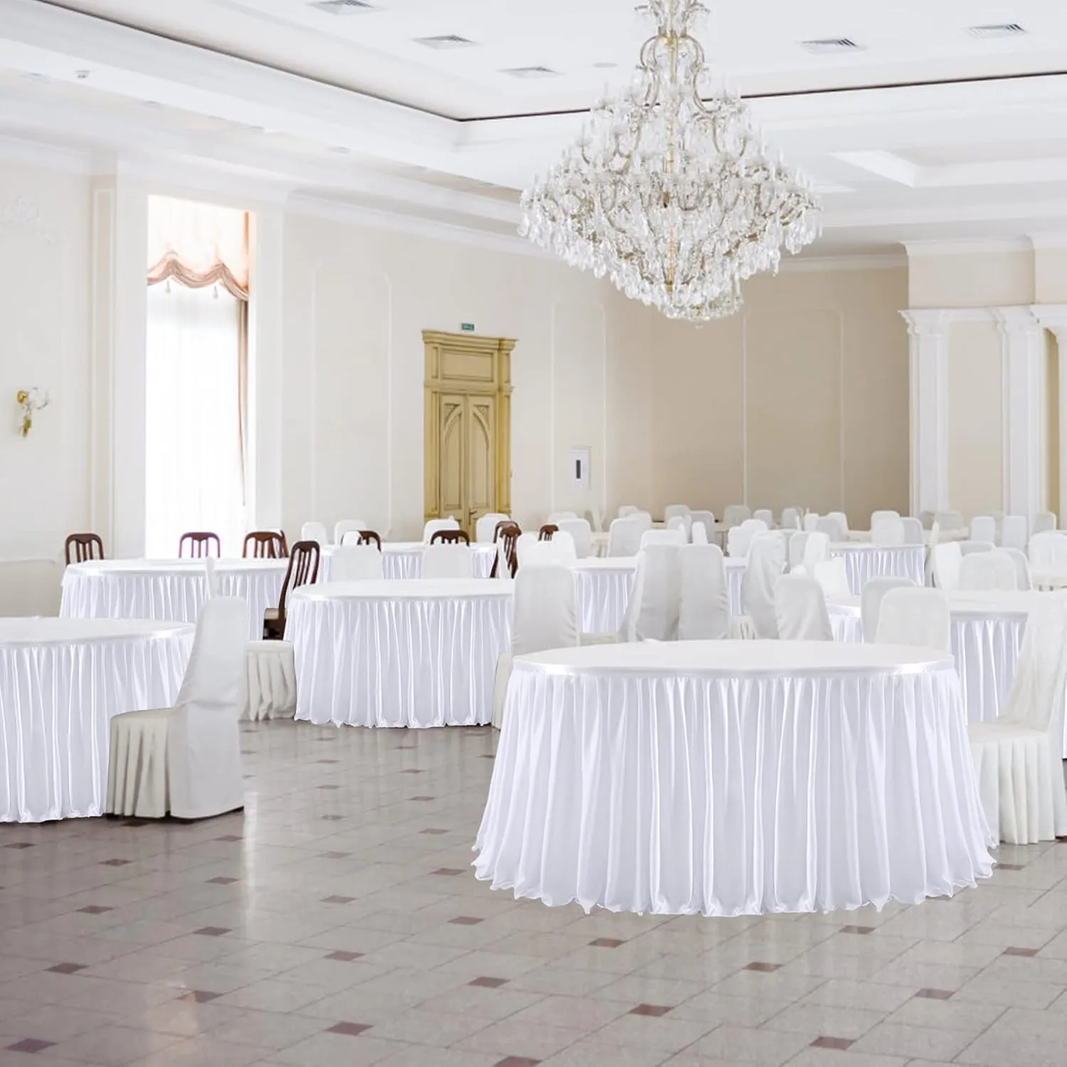 518 cm White Polyester Table Skirts for Rettangle Tables, Wrinkle Free Ruffle Pleats Cloth Tutu Table Skirt 17ft for Banquet Wedding Birthday Baby Shower Trade Meeting Cake Dessert Tables(No Top Cover - immagine 9