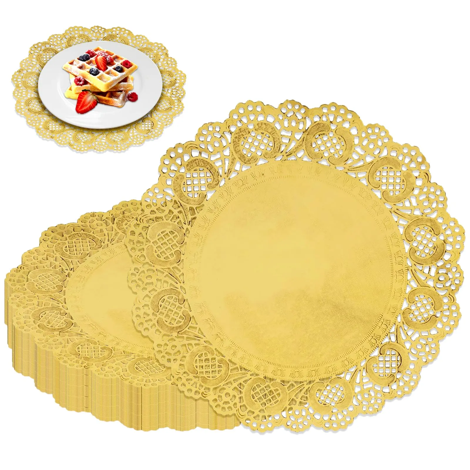 WEINIBAO 50 Fogli Centrini di Carta in Pizzo Oro, Rotondi, Sottobicchieri, Centrini di Carta per Torte, Matrimoni, Compleanni, Dolci, Stoviglie, Decorazioni da Tavola - immagine 1