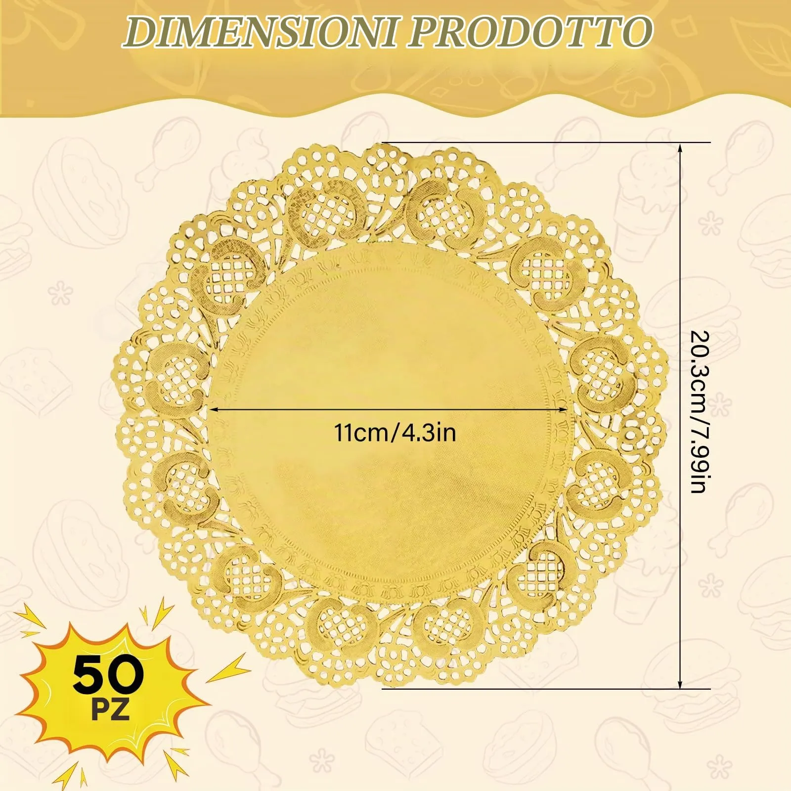 WEINIBAO 50 Fogli Centrini di Carta in Pizzo Oro, Rotondi, Sottobicchieri, Centrini di Carta per Torte, Matrimoni, Compleanni, Dolci, Stoviglie, Decorazioni da Tavola - immagine 2