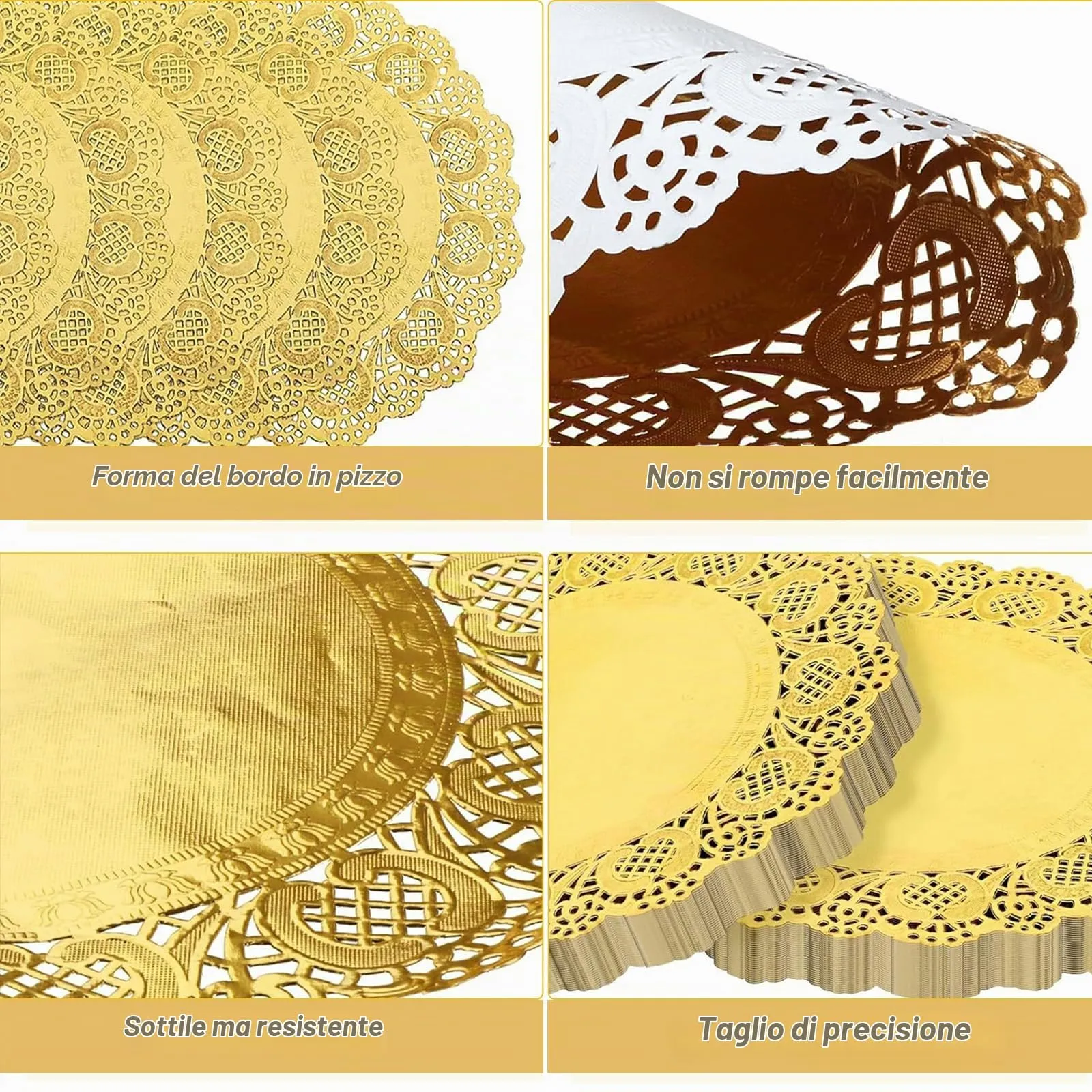 WEINIBAO 50 Fogli Centrini di Carta in Pizzo Oro, Rotondi, Sottobicchieri, Centrini di Carta per Torte, Matrimoni, Compleanni, Dolci, Stoviglie, Decorazioni da Tavola - immagine 3