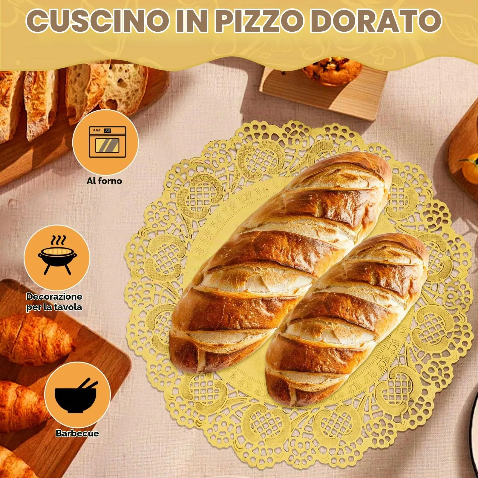 WEINIBAO 50 Fogli Centrini di Carta in Pizzo Oro, Rotondi, Sottobicchieri, Centrini di Carta per Torte, Matrimoni, Compleanni, Dolci, Stoviglie, Decorazioni da Tavola - immagine 4