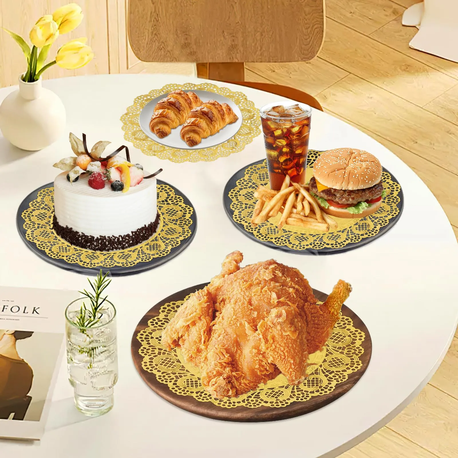 WEINIBAO 50 Fogli Centrini di Carta in Pizzo Oro, Rotondi, Sottobicchieri, Centrini di Carta per Torte, Matrimoni, Compleanni, Dolci, Stoviglie, Decorazioni da Tavola - immagine 6