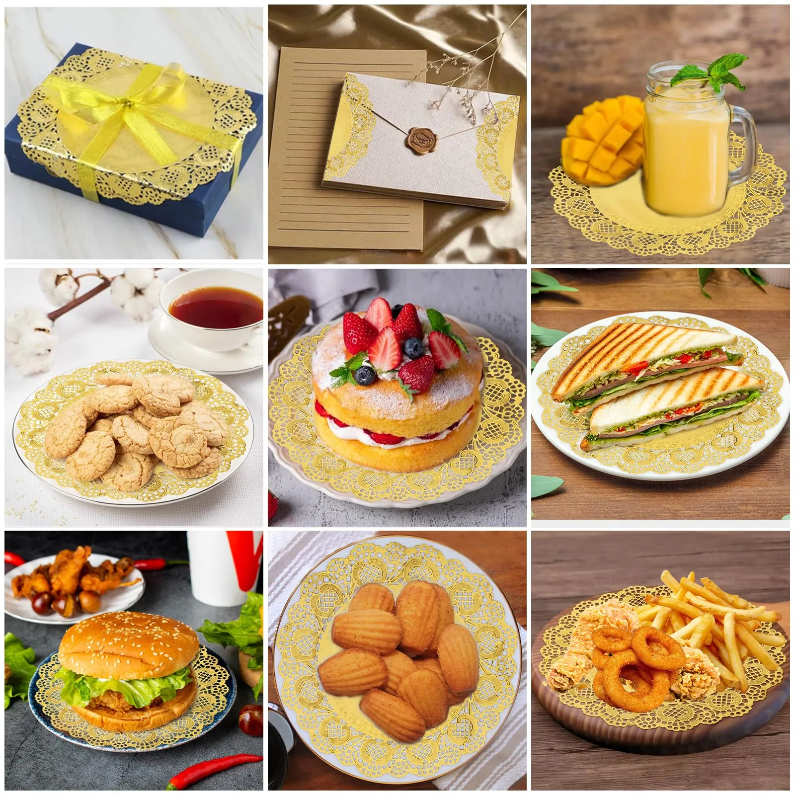 WEINIBAO 50 Fogli Centrini di Carta in Pizzo Oro, Rotondi, Sottobicchieri, Centrini di Carta per Torte, Matrimoni, Compleanni, Dolci, Stoviglie, Decorazioni da Tavola - immagine 7