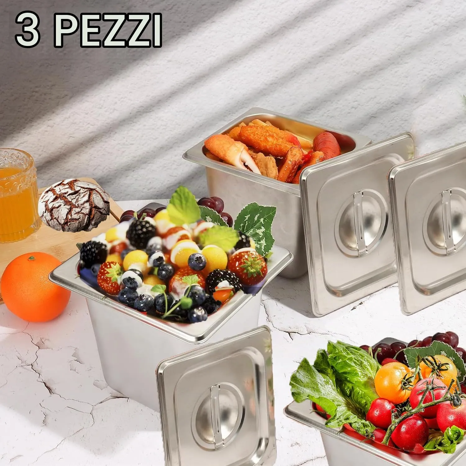 ORFCP 3 padelle Gastronorm in acciaio inox 1/6 con coperchio, contenitori per alimenti in acciaio inossidabile, profondità 150 mm, 175 mm x 160 mm x 150 mm, argento - immagine 5