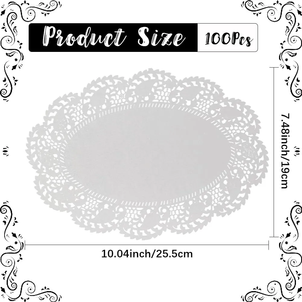 CREATCABIN 100 pz. Centrini Carta Ovali Bianchi Centrini Carta Alimenti Tovagliette Carta in Pizzo Antigrasso Stoviglie USA e Getta Decorazione Vassoi Dessert Cibo Fritto Stoviglie Cucina 25.5x19cm - immagine 2