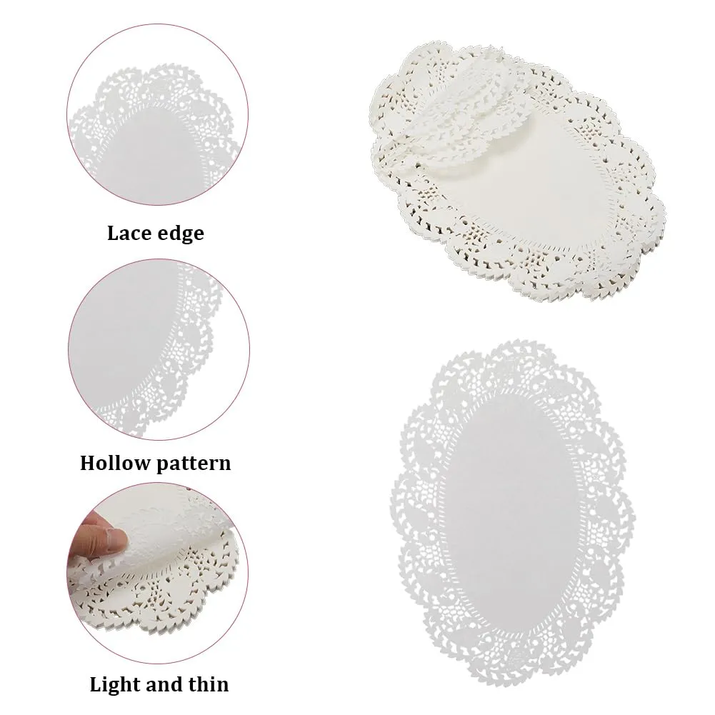 CREATCABIN 100 pz. Centrini Carta Ovali Bianchi Centrini Carta Alimenti Tovagliette Carta in Pizzo Antigrasso Stoviglie USA e Getta Decorazione Vassoi Dessert Cibo Fritto Stoviglie Cucina 25.5x19cm - immagine 5