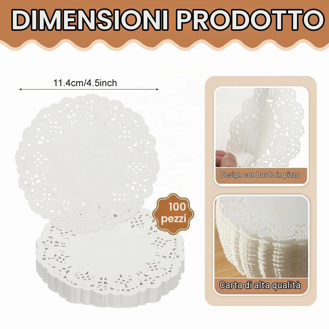 OIXEYA 200 Pezzi Centrini Carta Pizzo, 4,5 Pollici Bianco Pizzo Carta Di Pizzo, Centrini di Carta in Pizzo per Dessert,Matrimonio,Decorazione per Tavola - immagine 2