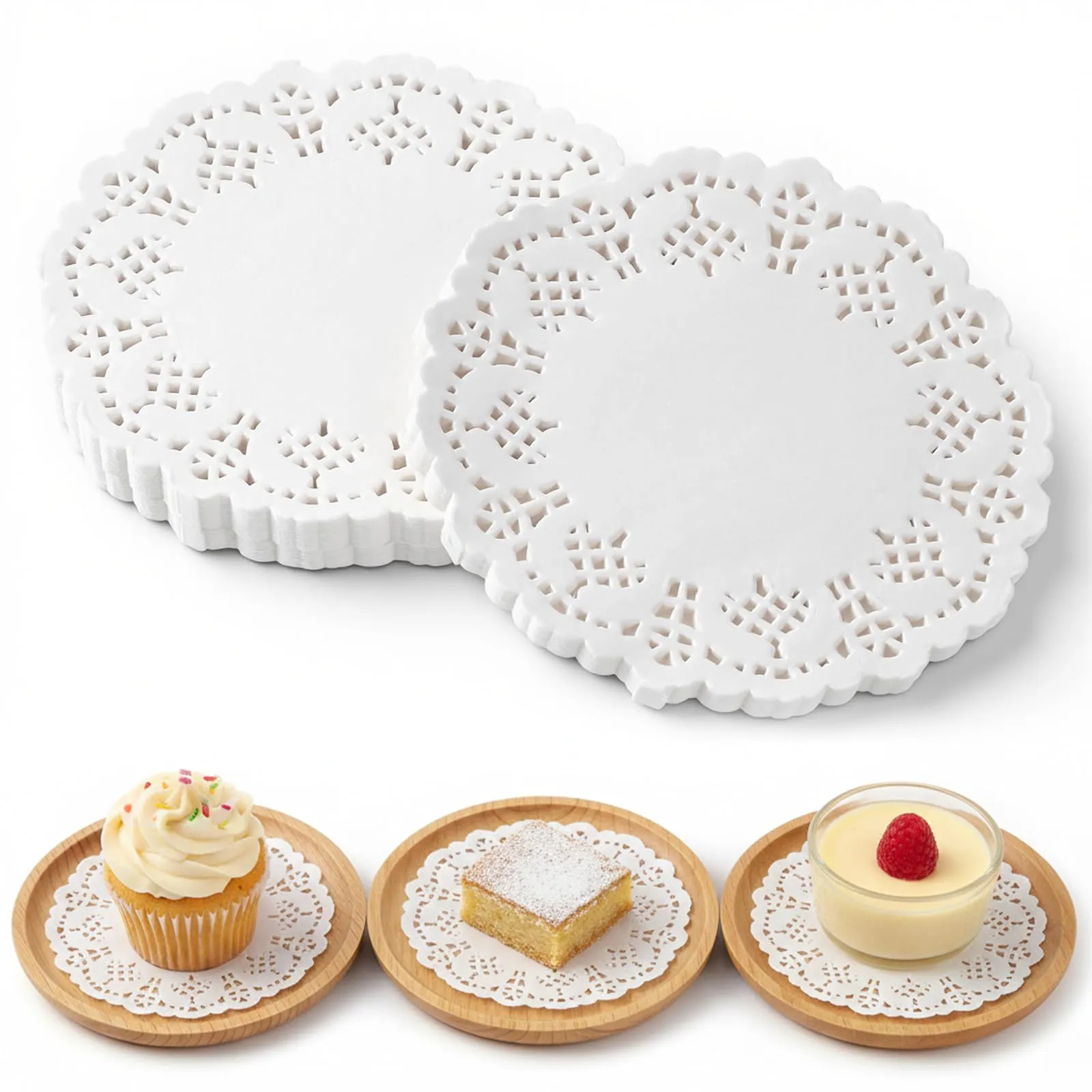 300 centrini di carta rotondi in pizzo da 8,9 cm, per vassoi da dessert, tovagliette di carta bianca usa e getta, per matrimoni, compleanni, stoviglie, cibo, torte, dessert, decorazioni - immagine 1