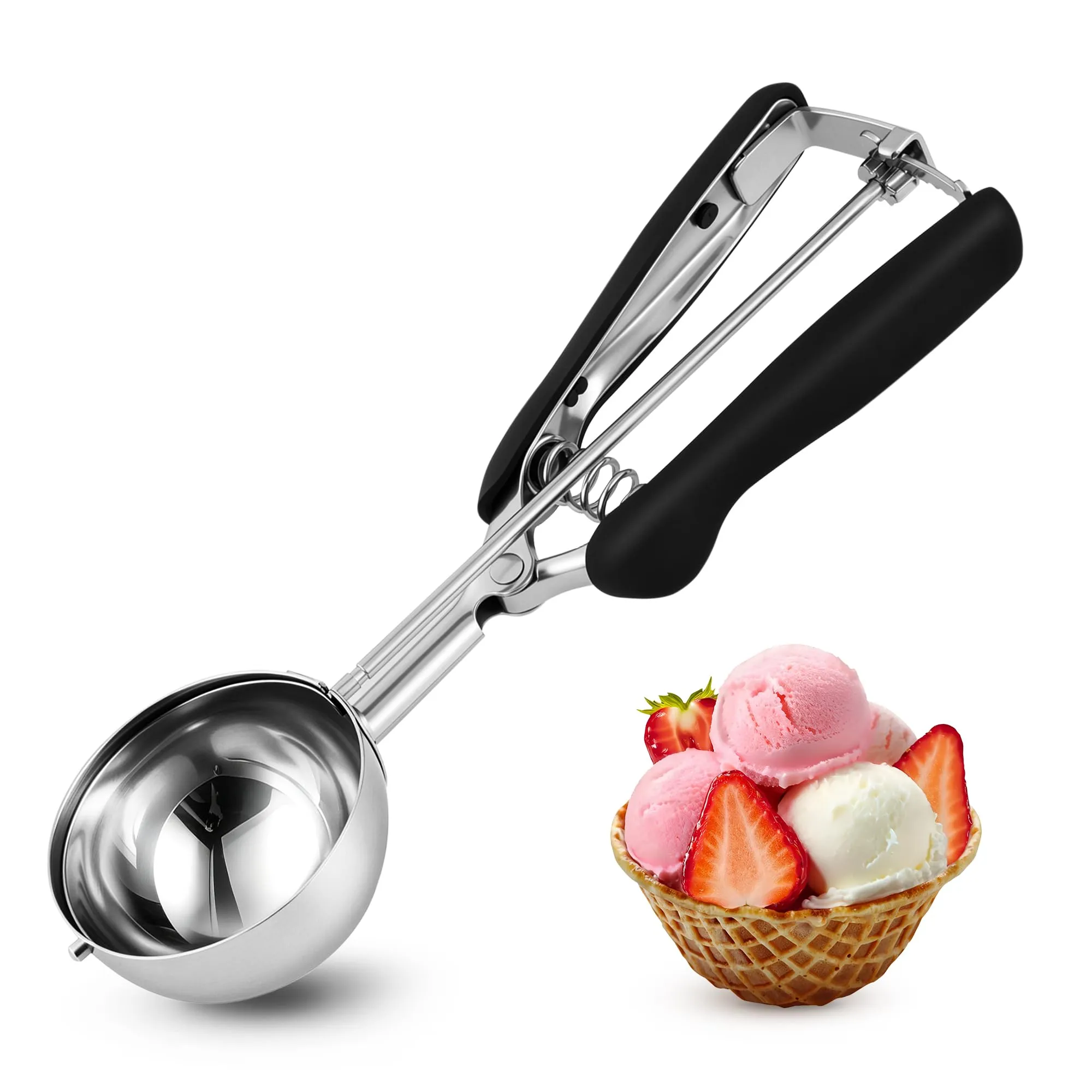 Grande paletta per gelato da 65 mm, paletta per biscotti in acciaio inox con rilascio a grilletto, porzione da 2,82 oz/80 ml, dosatore per alimenti commerciale, per il controllo delle porzioni - immagine 1