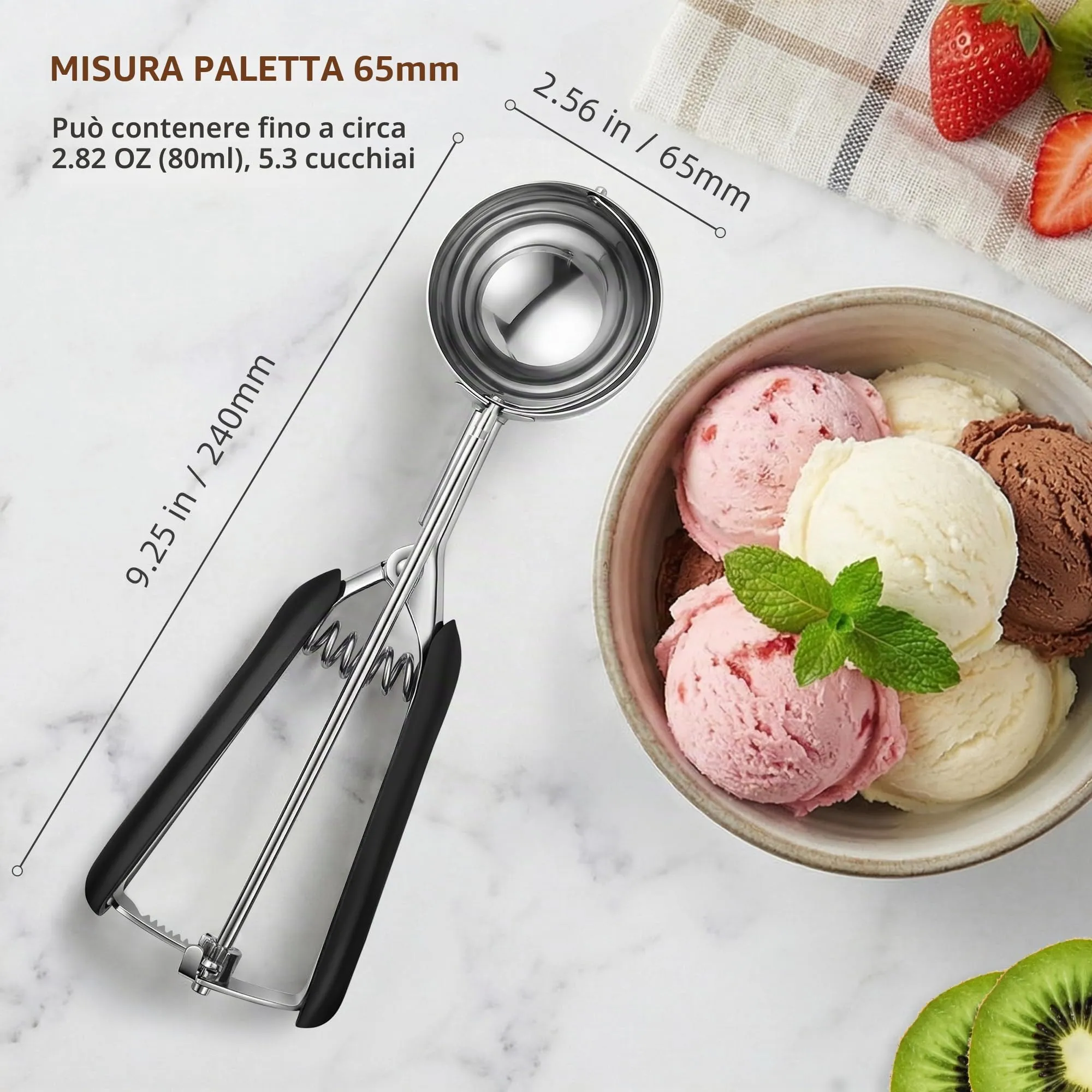 Grande paletta per gelato da 65 mm, paletta per biscotti in acciaio inox con rilascio a grilletto, porzione da 2,82 oz/80 ml, dosatore per alimenti commerciale, per il controllo delle porzioni - immagine 2