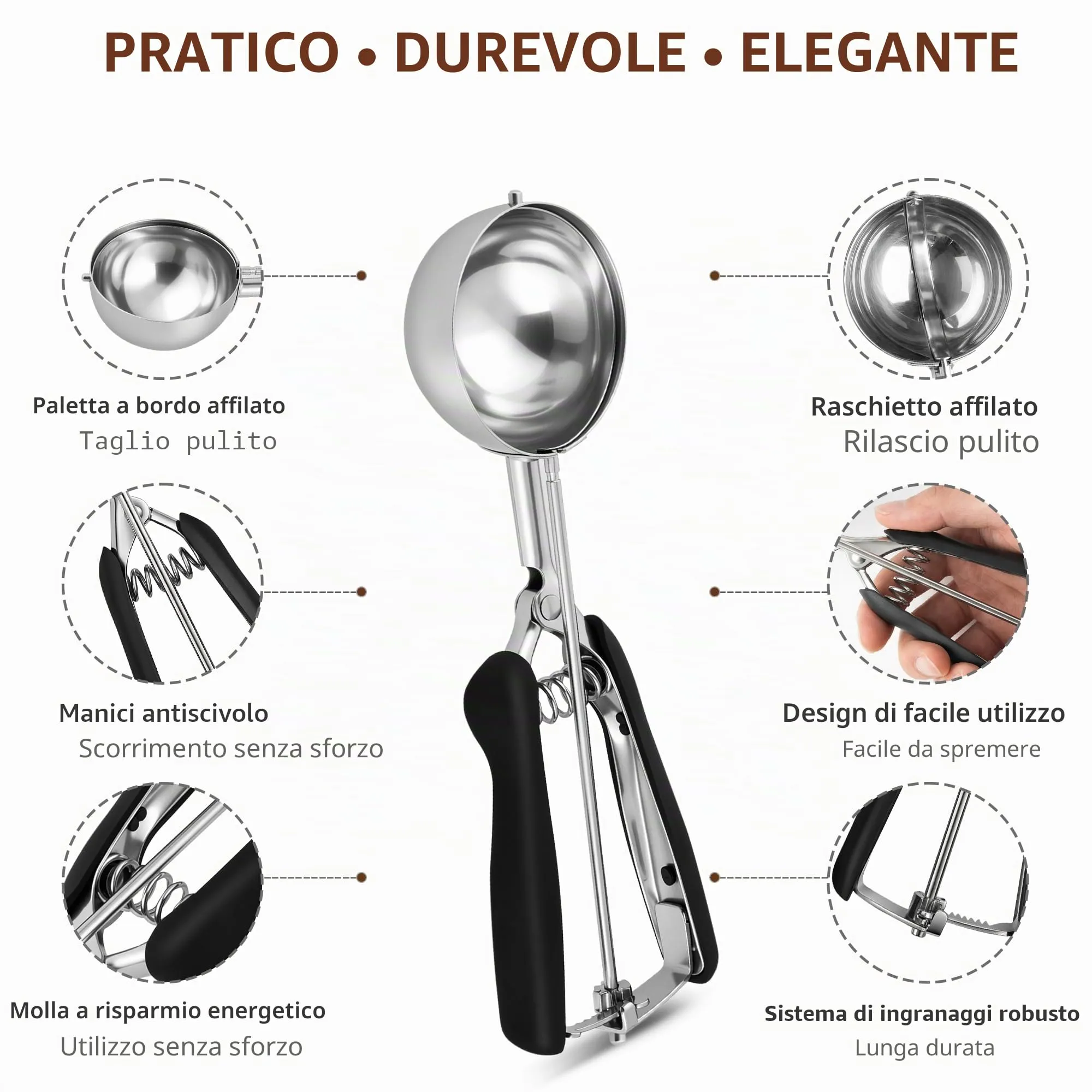 Grande paletta per gelato da 65 mm, paletta per biscotti in acciaio inox con rilascio a grilletto, porzione da 2,82 oz/80 ml, dosatore per alimenti commerciale, per il controllo delle porzioni - immagine 3