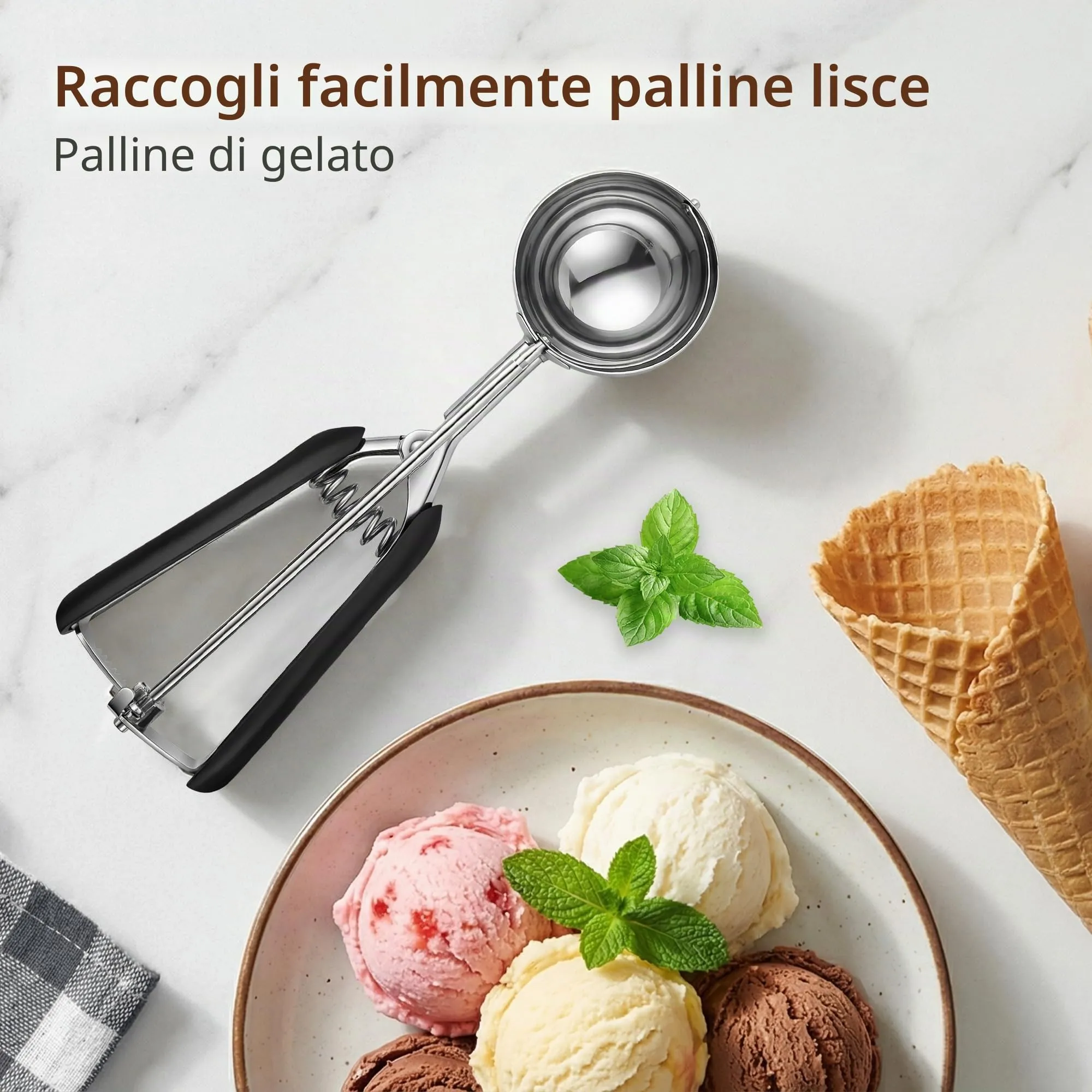 Grande paletta per gelato da 65 mm, paletta per biscotti in acciaio inox con rilascio a grilletto, porzione da 2,82 oz/80 ml, dosatore per alimenti commerciale, per il controllo delle porzioni - immagine 5
