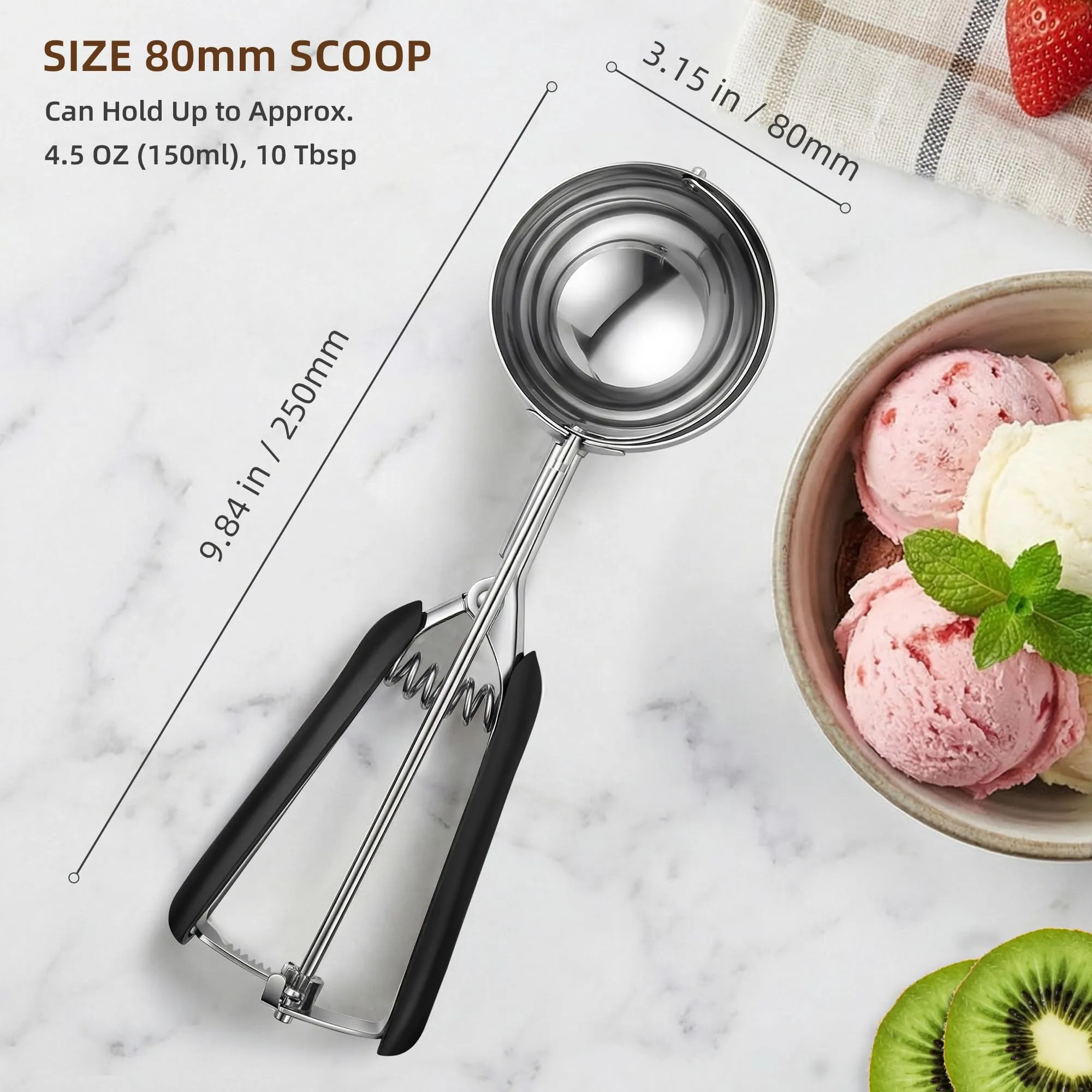 TJ POP Paletta grande per gelato, 8 cm, in acciaio inox, con facile rilascio del grilletto, buona presa per gelato, polpette di melone, polpette e purè di patate - immagine 2