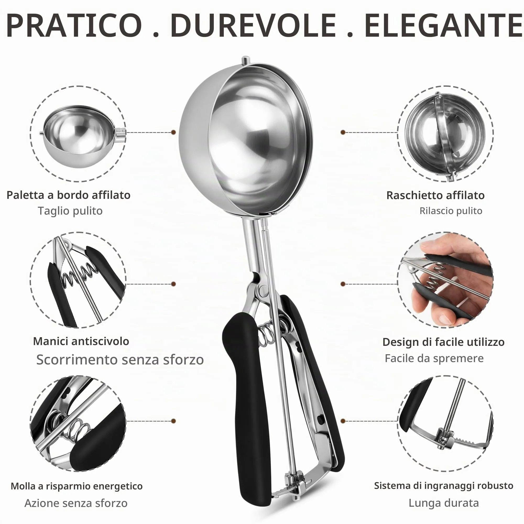 TJ POP Paletta grande per gelato, 8 cm, in acciaio inox, con facile rilascio del grilletto, buona presa per gelato, polpette di melone, polpette e purè di patate - immagine 3