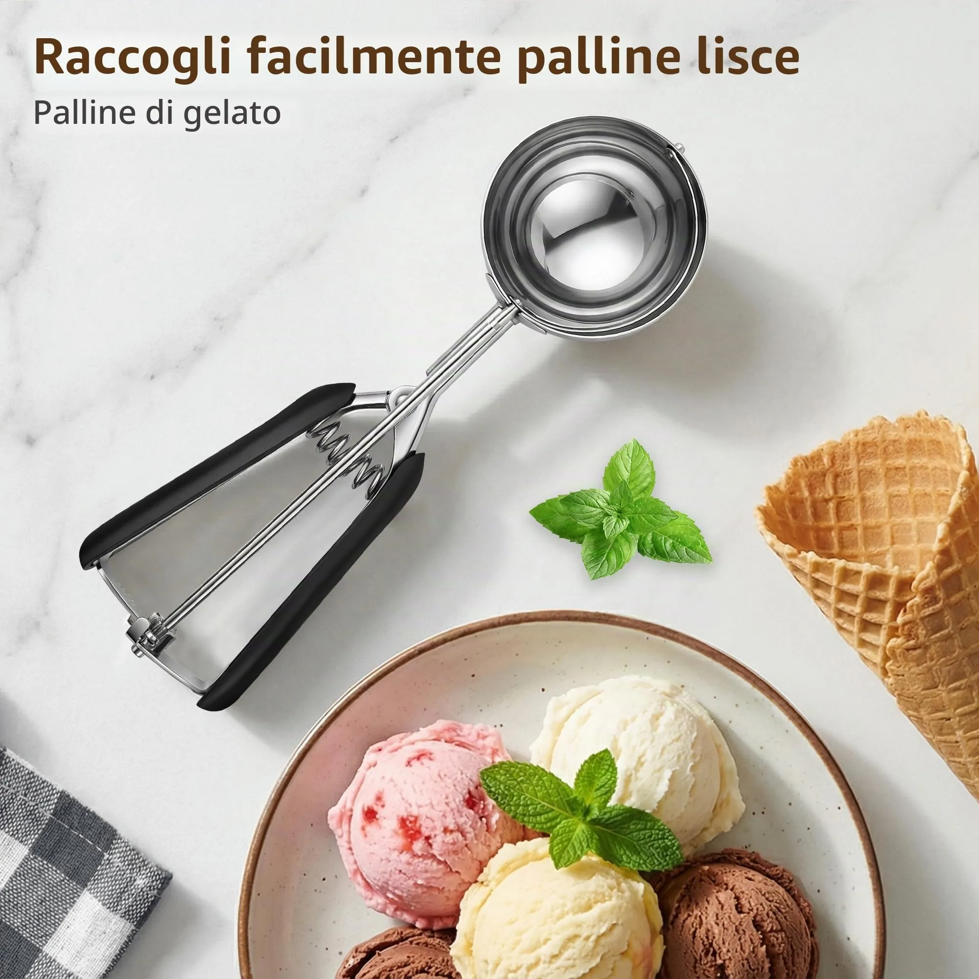 TJ POP Paletta grande per gelato, 8 cm, in acciaio inox, con facile rilascio del grilletto, buona presa per gelato, polpette di melone, polpette e purè di patate - immagine 5