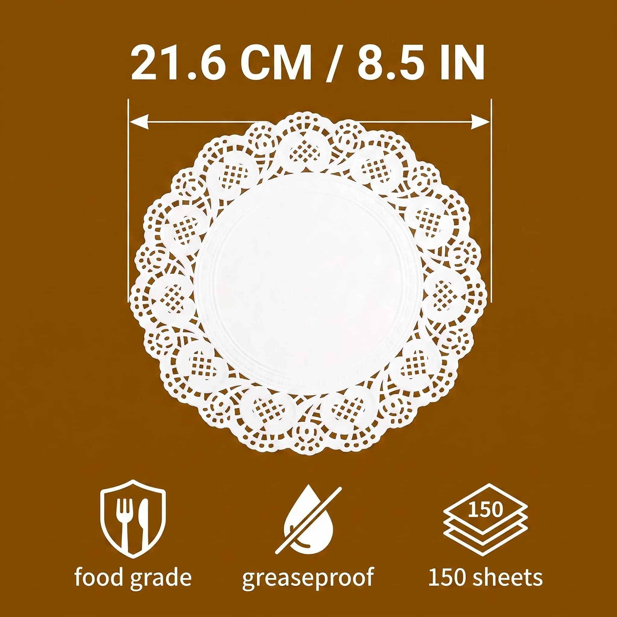 FIQLUL 150 Pezzi Centrini di Carta Rotondi 21,6 cm (8,5 Pollici), Sottopiatti in Carta Pizzo Alimentare per Torte, Matrimoni, Compleanni e Decorazioni Tavola, Bianco - immagine 7