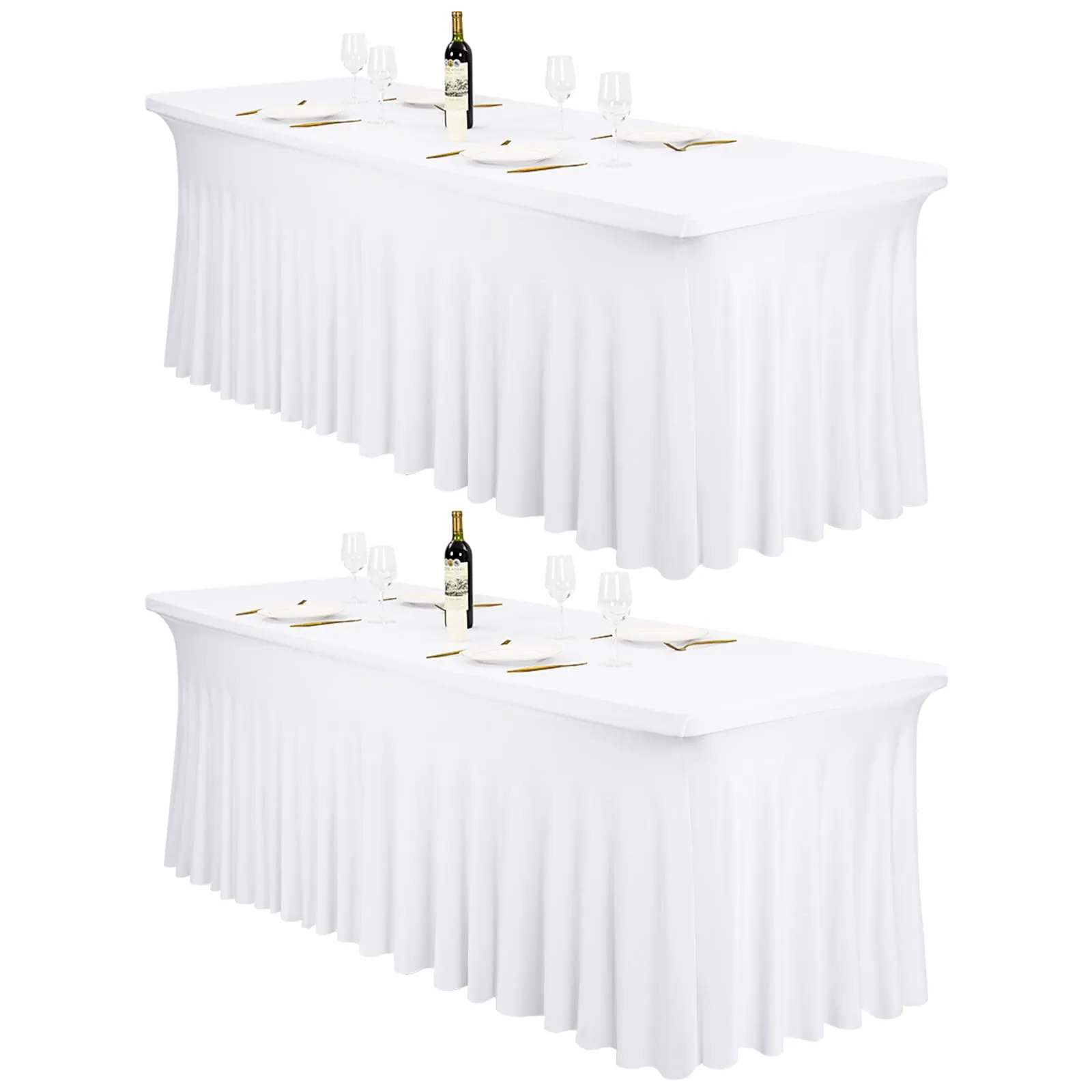 2 gonne da tavolo in spandex, 244 x 76 x 76 cm, bianco elasticizzato, con gonna, lavabile, per tavoli rettangolari da 8 piedi, copertura retrattile per matrimoni, banchetti e fiere - immagine 1