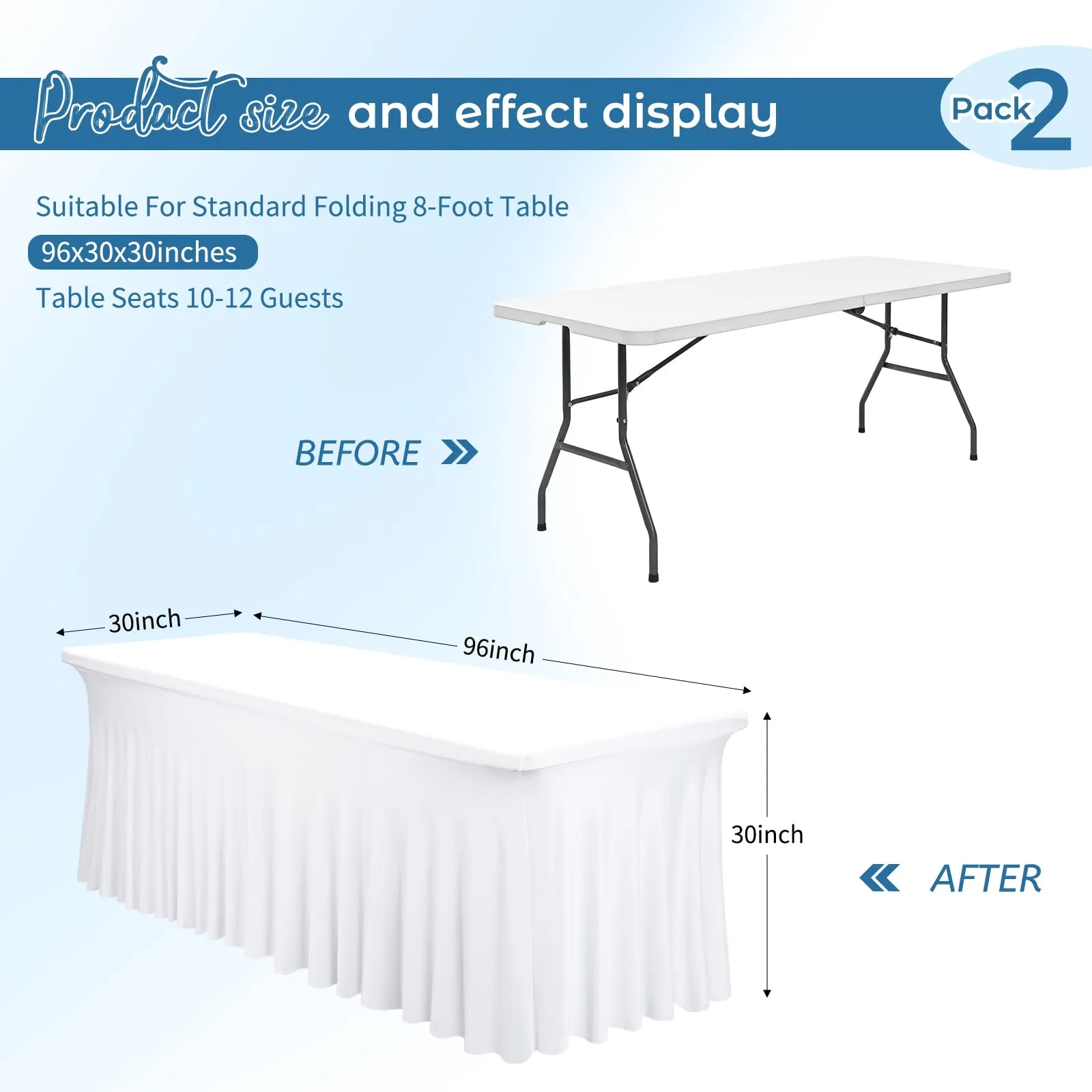 2 gonne da tavolo in spandex, 244 x 76 x 76 cm, bianco elasticizzato, con gonna, lavabile, per tavoli rettangolari da 8 piedi, copertura retrattile per matrimoni, banchetti e fiere - immagine 3