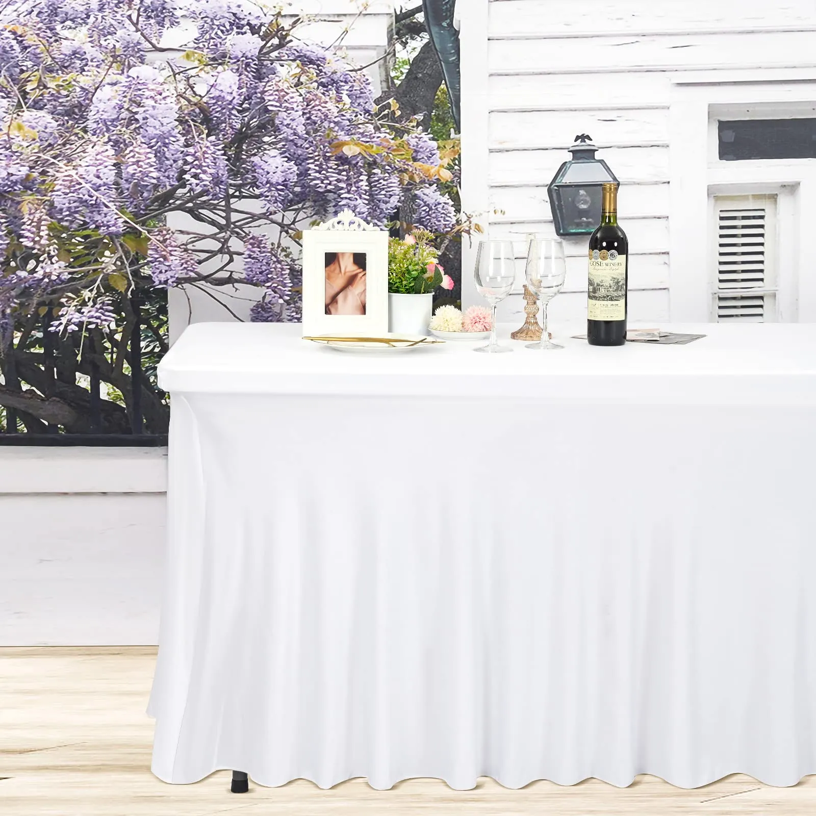 2 gonne da tavolo in spandex, 244 x 76 x 76 cm, bianco elasticizzato, con gonna, lavabile, per tavoli rettangolari da 8 piedi, copertura retrattile per matrimoni, banchetti e fiere - immagine 5