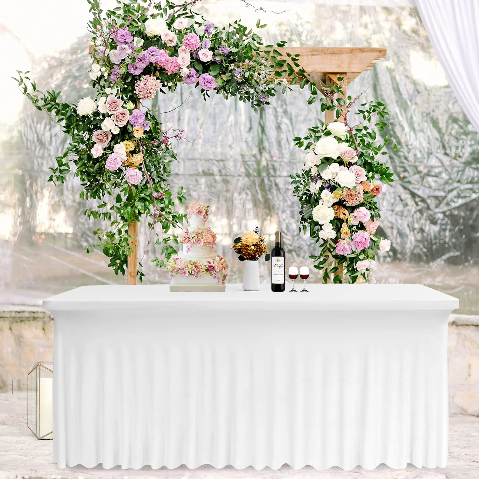 2 gonne da tavolo in spandex, 183 x 76 x 76 cm, bianco elasticizzato, con gonna, lavabile, per tavoli rettangolari da 6 piedi, copertura retrattile per matrimoni, banchetti e fiere - immagine 2