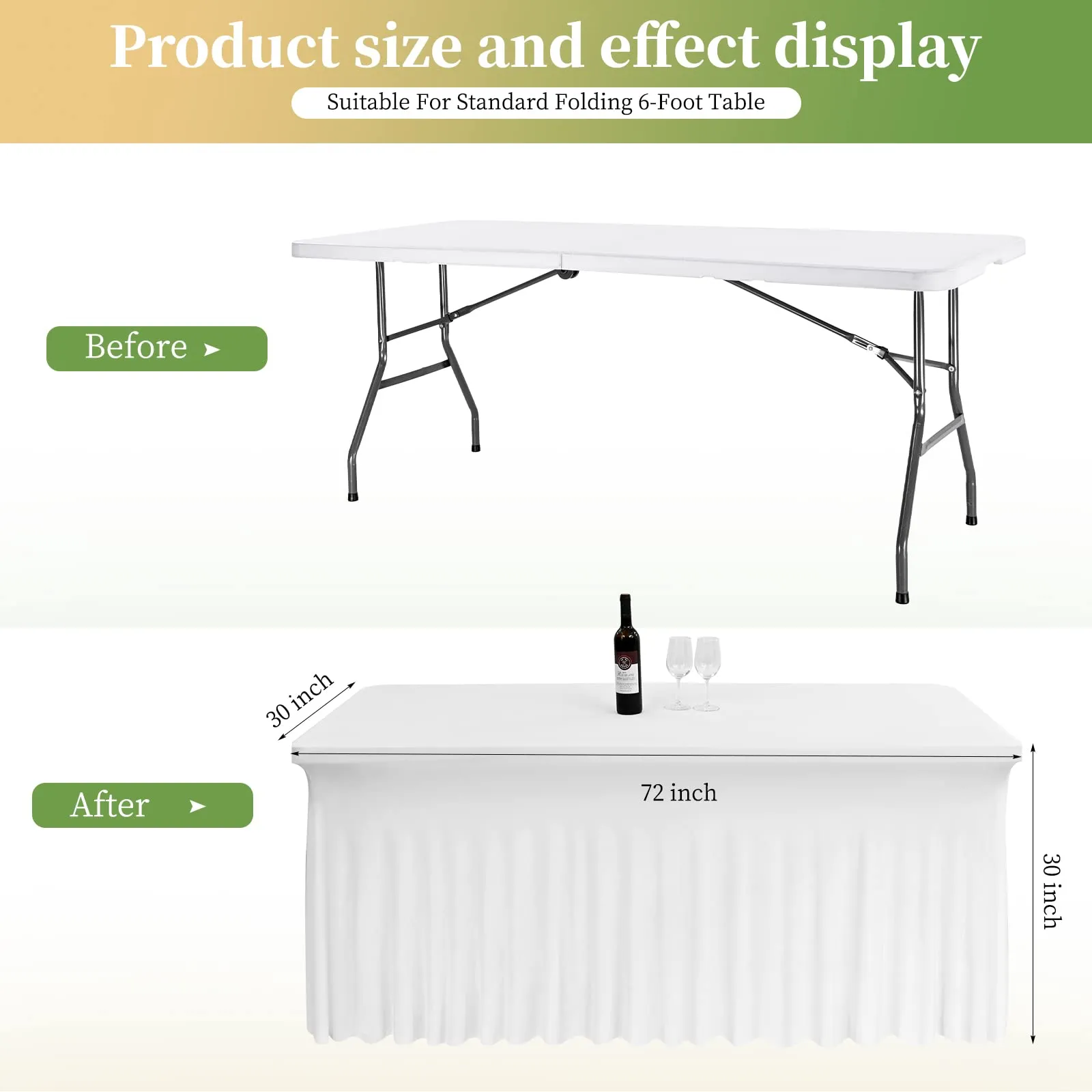 2 gonne da tavolo in spandex, 183 x 76 x 76 cm, bianco elasticizzato, con gonna, lavabile, per tavoli rettangolari da 6 piedi, copertura retrattile per matrimoni, banchetti e fiere - immagine 3