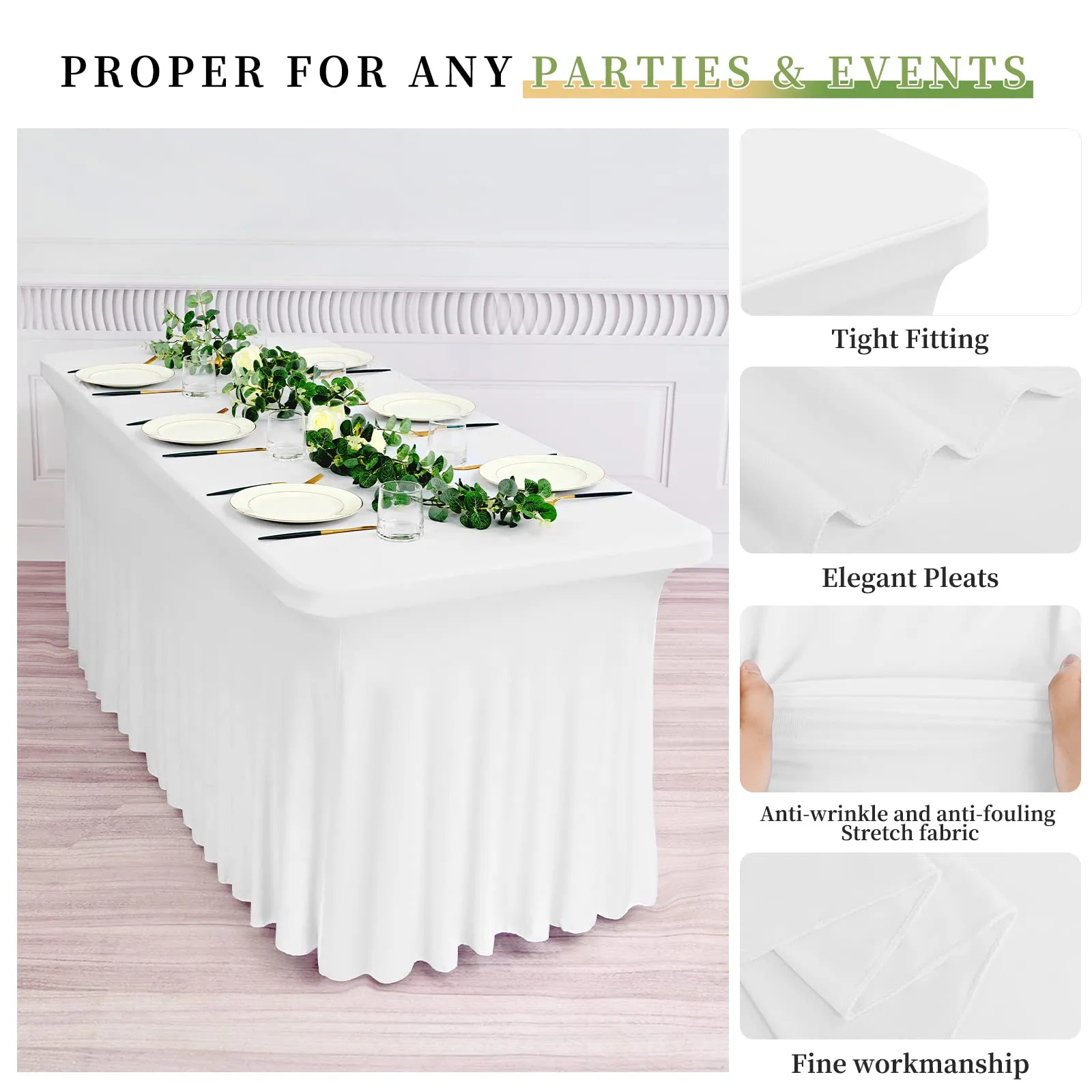 2 gonne da tavolo in spandex, 183 x 76 x 76 cm, bianco elasticizzato, con gonna, lavabile, per tavoli rettangolari da 6 piedi, copertura retrattile per matrimoni, banchetti e fiere - immagine 4