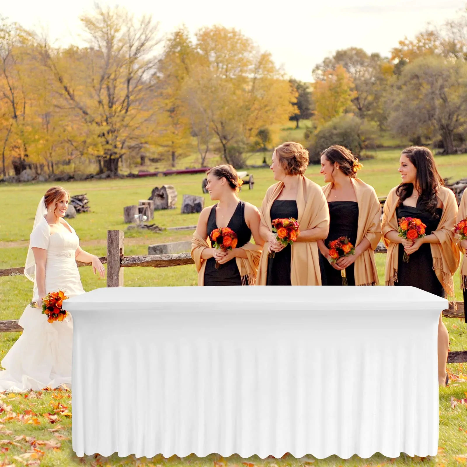 2 gonne da tavolo in spandex, 183 x 76 x 76 cm, bianco elasticizzato, con gonna, lavabile, per tavoli rettangolari da 6 piedi, copertura retrattile per matrimoni, banchetti e fiere - immagine 5